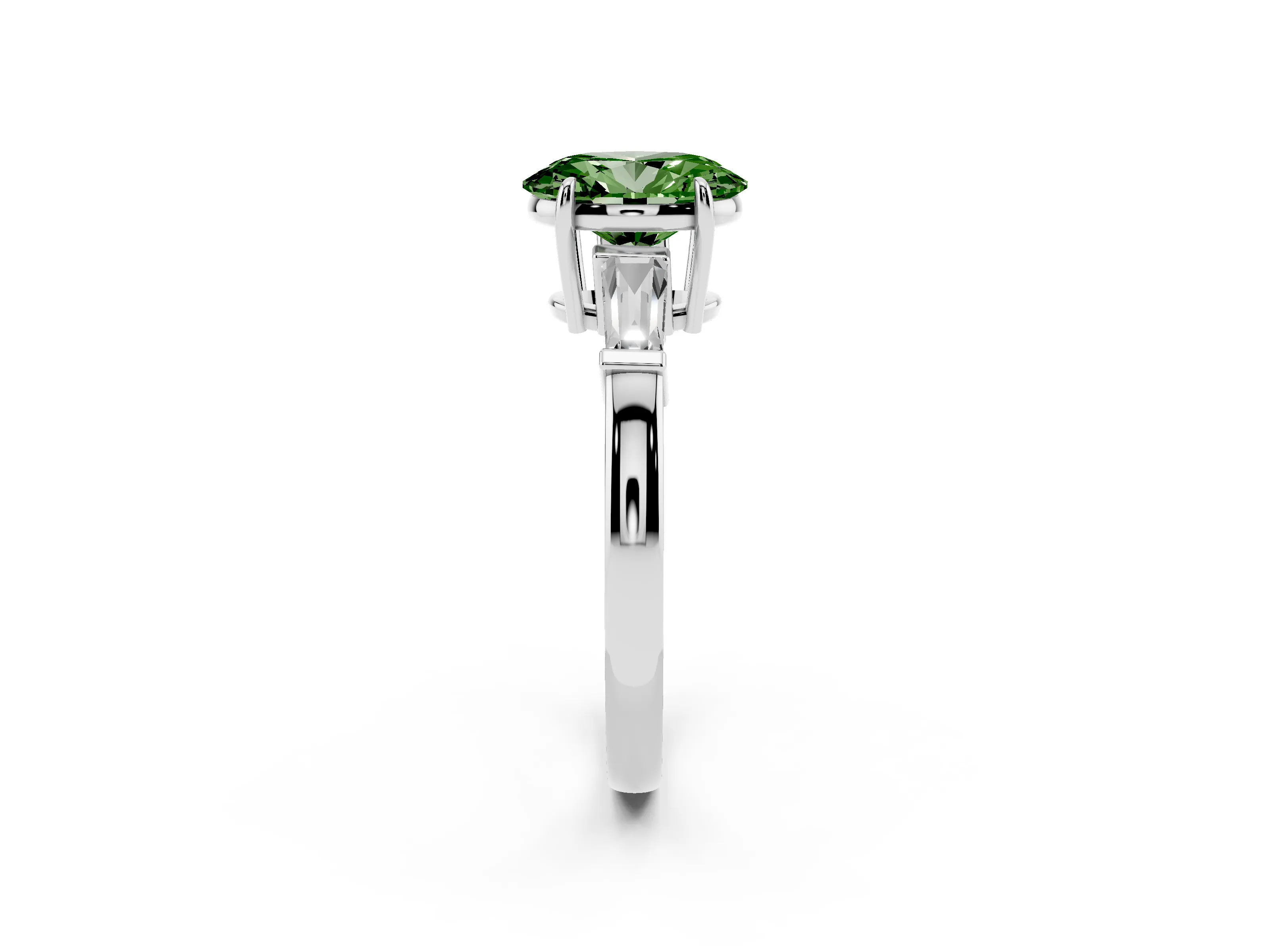 Fancy Green Oval Cut Diamond Three-Stone Ring Set in White gold with Tapered Baguette Side Stones and Prong Setting
