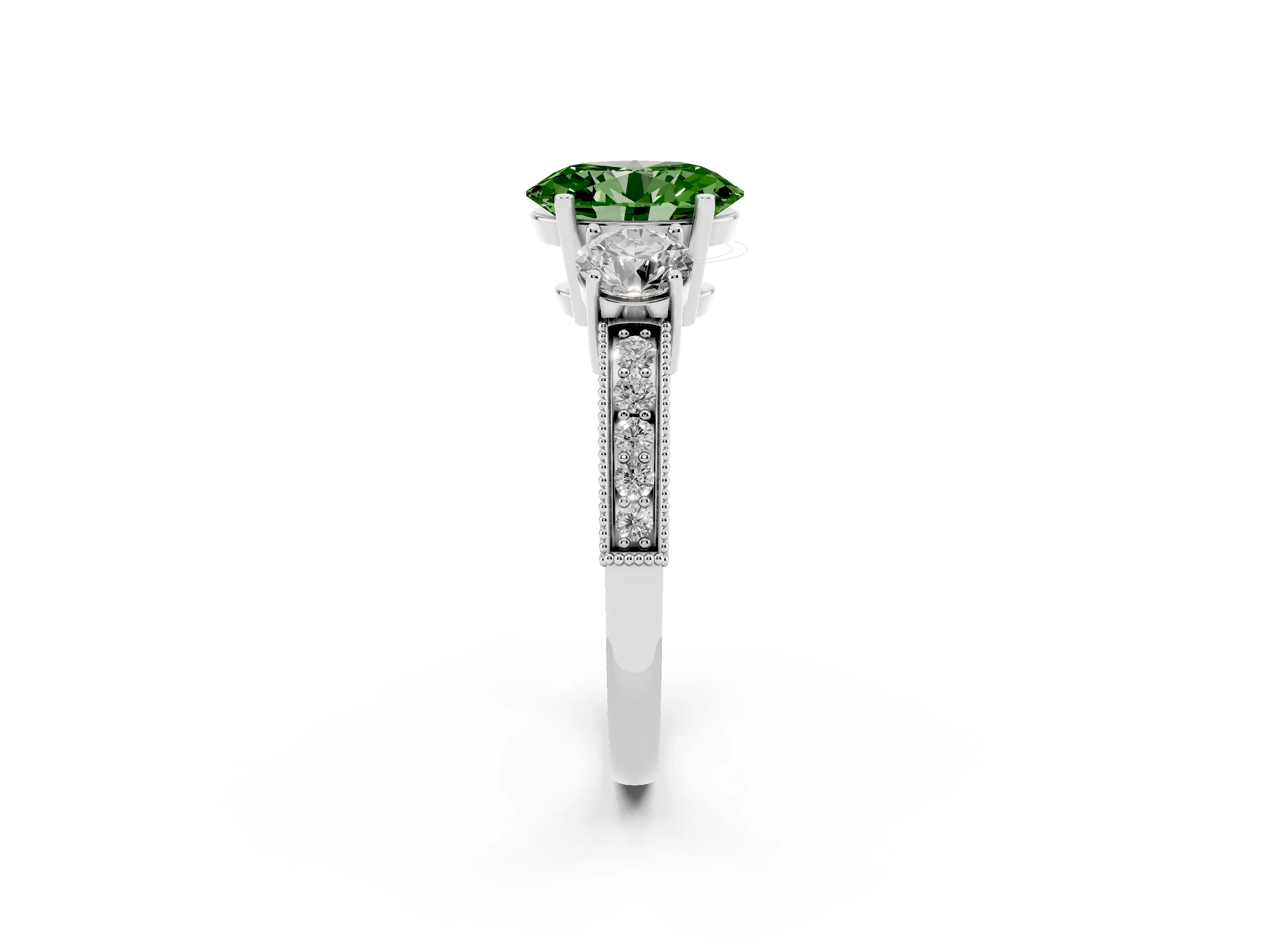 Fancy Green Oval Cut Diamond Three-Stone Ring Set in Platinum with Round Side Stones and Pavé Band
