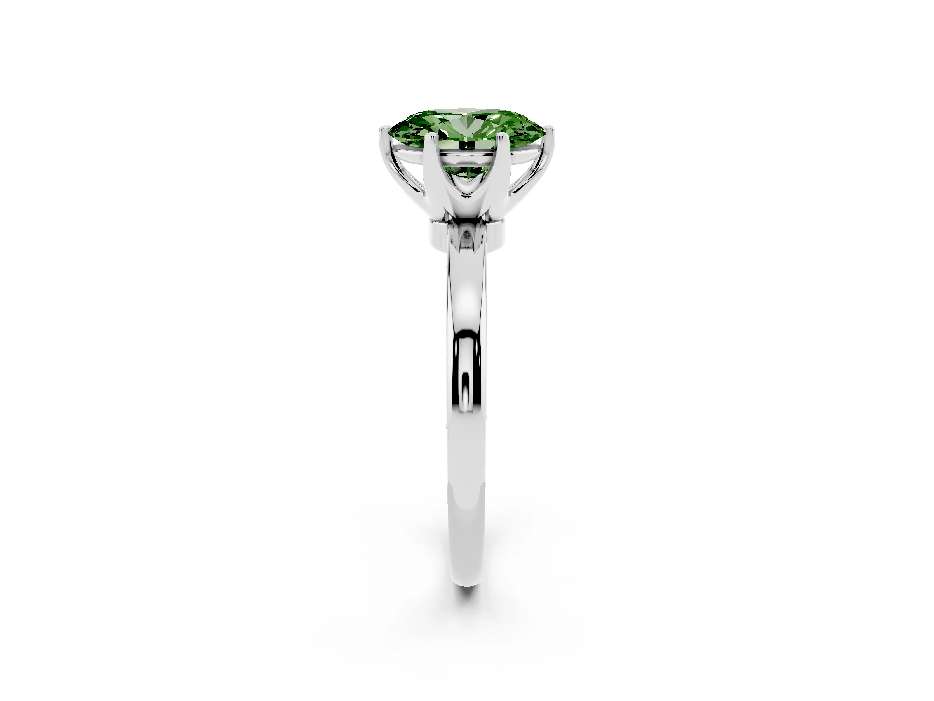 Fancy Green Oval Cut Diamond Solitaire Ring Set in White gold with Raised Prong Setting on a Classic Band
