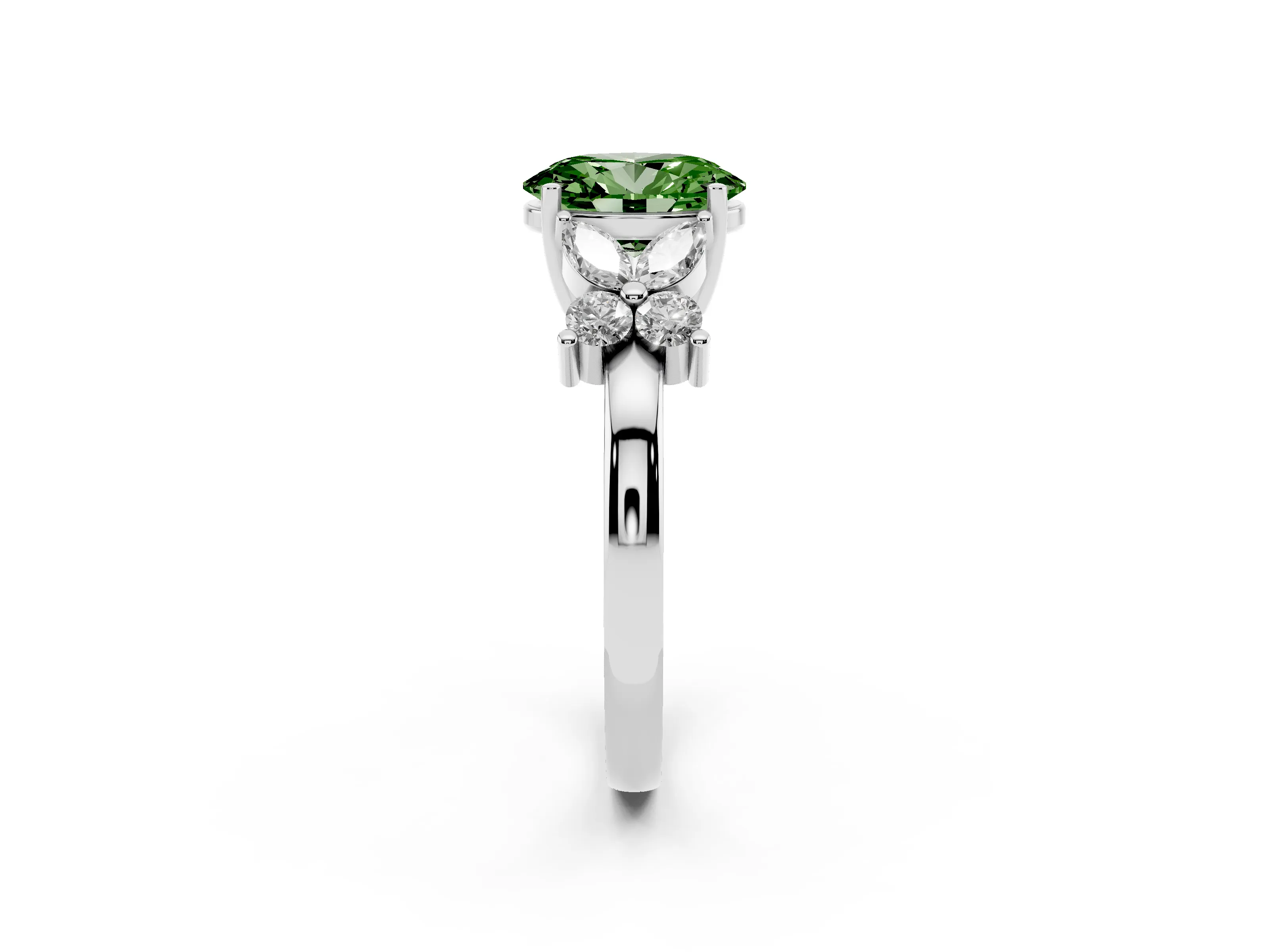 Fancy Green Oval Cut Diamond Floral Cluster Ring Set in Platinum with Marquise Petals and Prong Setting