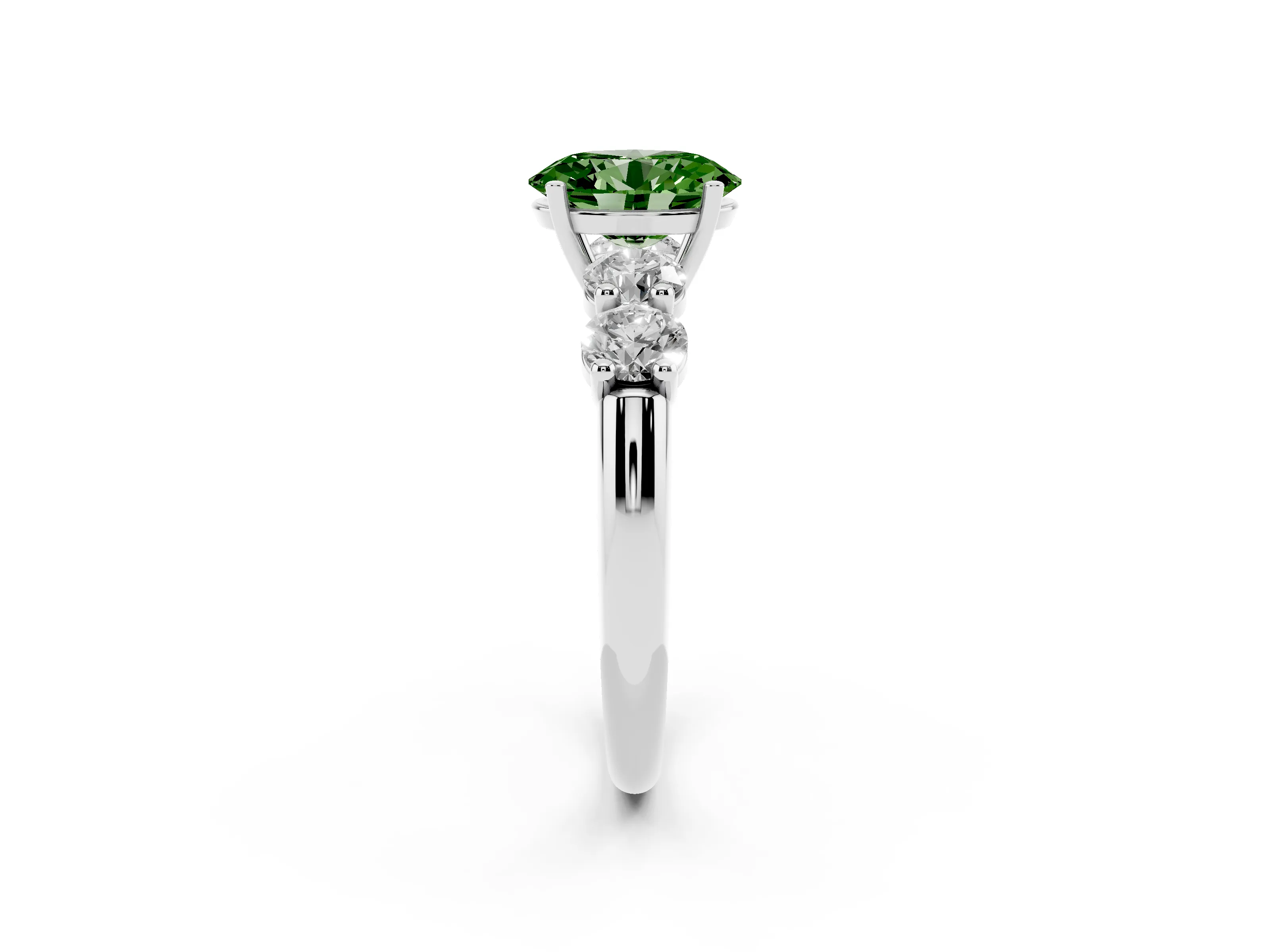 Fancy Green Oval Cut Diamond Five-Stone Prong Set Ring Set in White gold with Classic Band