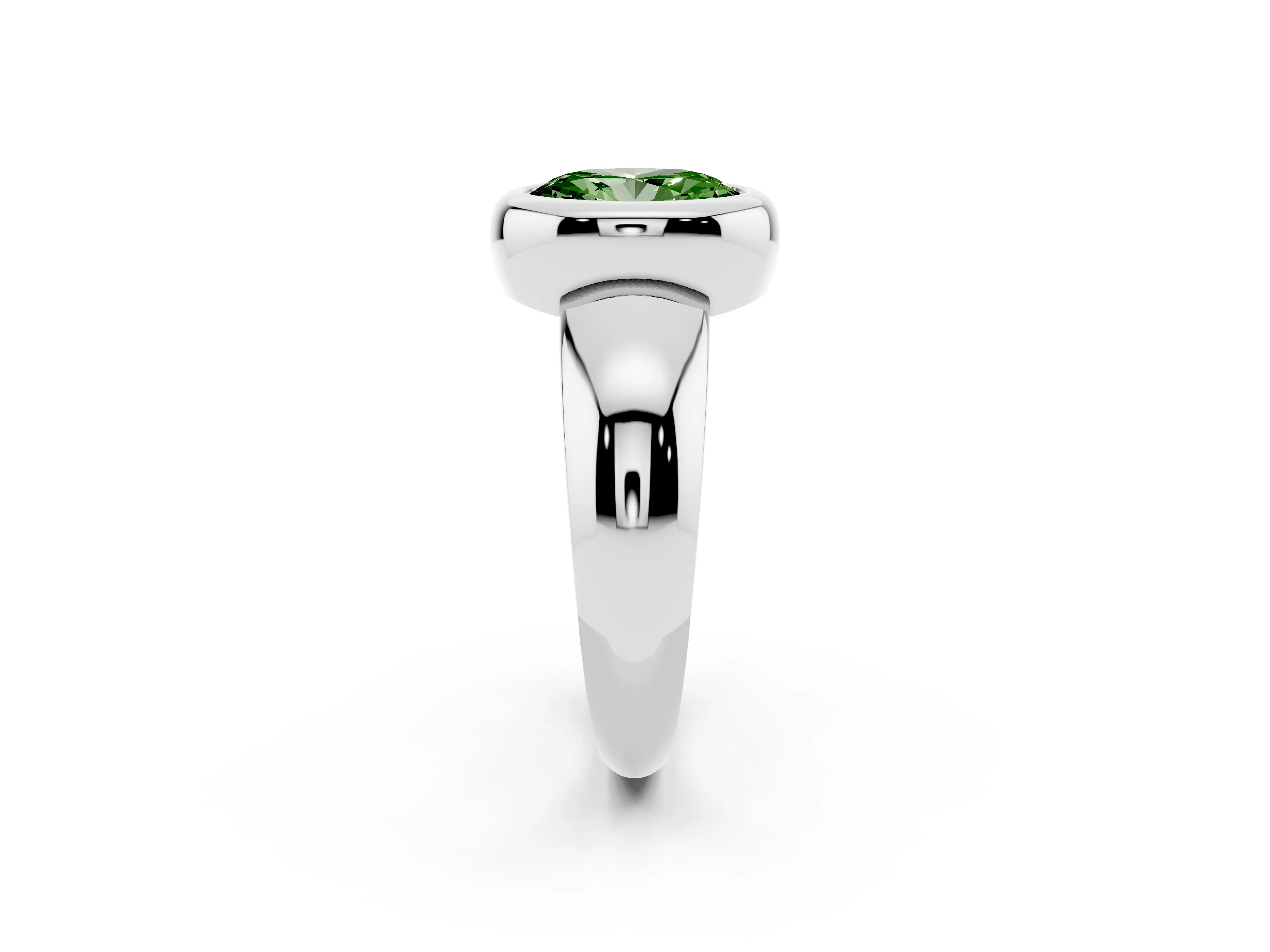 Fancy Green Bezel Set Oval Cut Diamond Solitaire Ring Set in Platinum with Wide Band