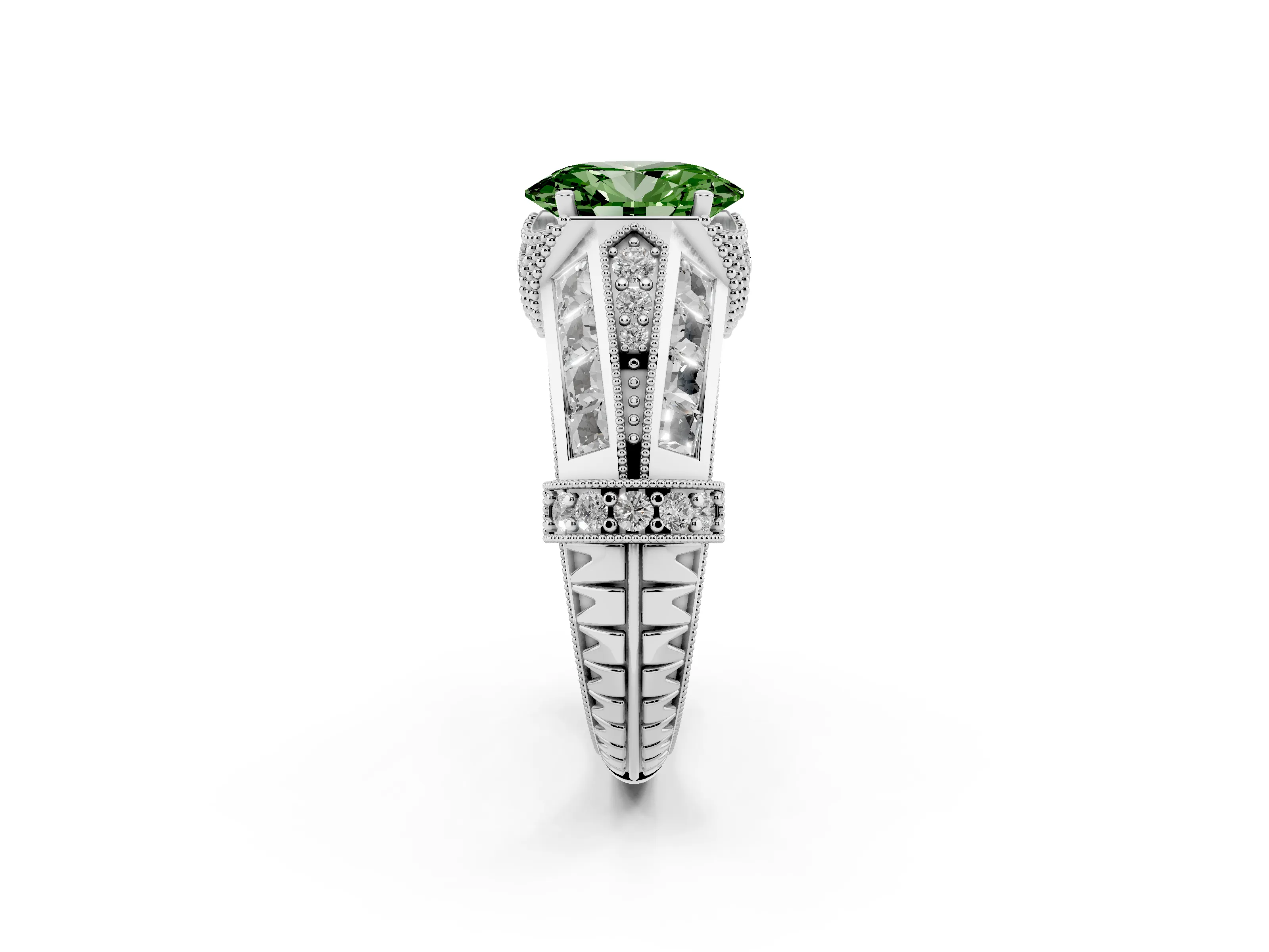 Fancy Green Oval Cut Diamond Vintage-Inspired Milgrain Ring Set in Silver with Accent Split Shank
