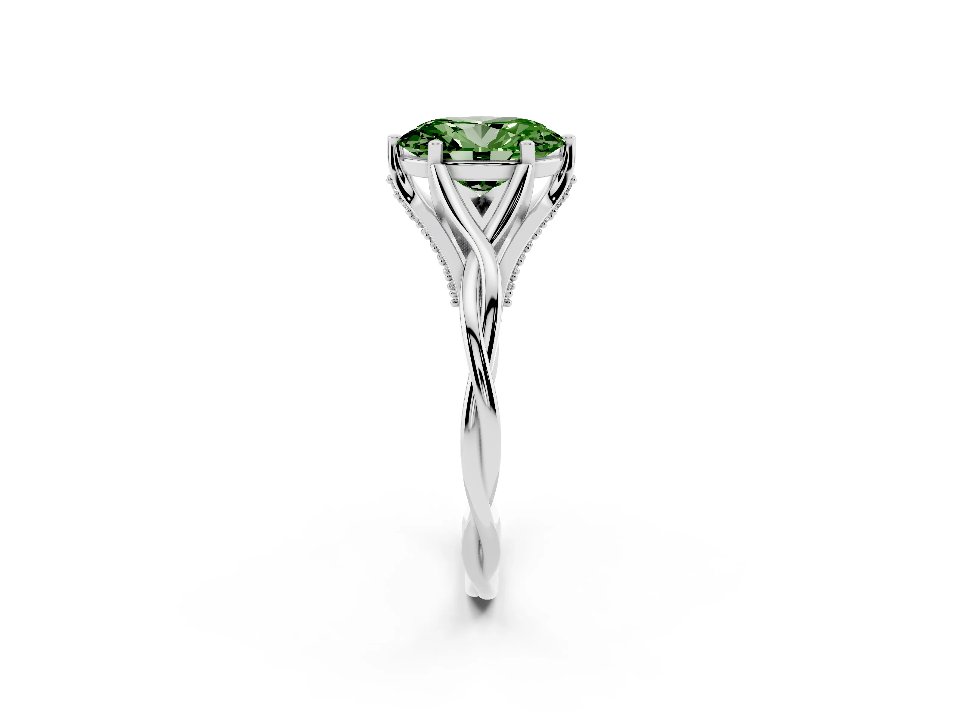 Fancy Green Oval Cut Diamond Intertwined Twist Band Solitaire Ring Set in White gold with Prong Setting