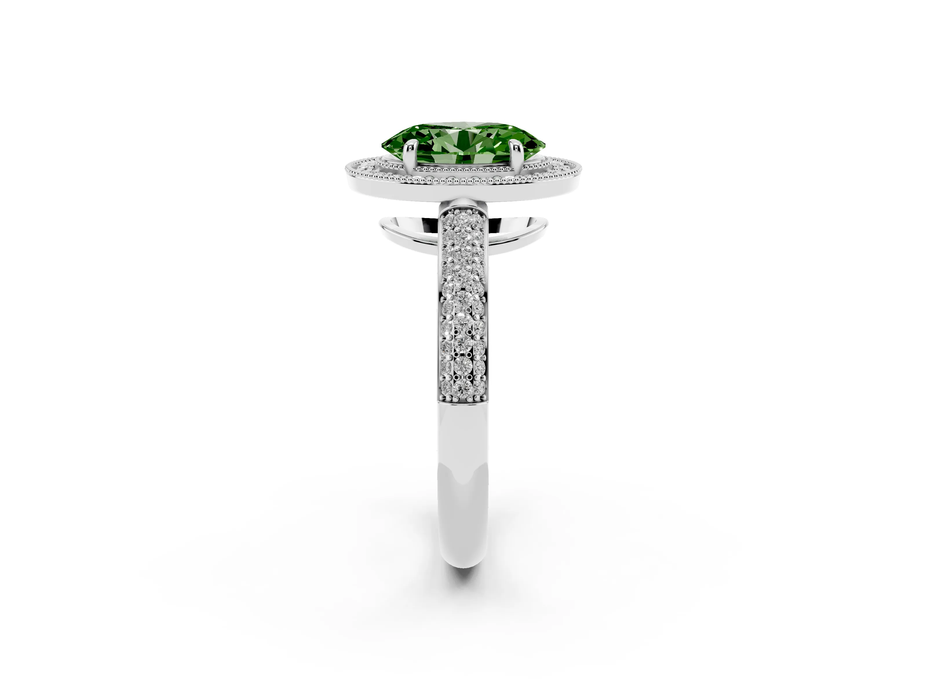 Fancy Green Oval Cut Diamond Halo Pavé Band Set in Platinum with Prong Setting