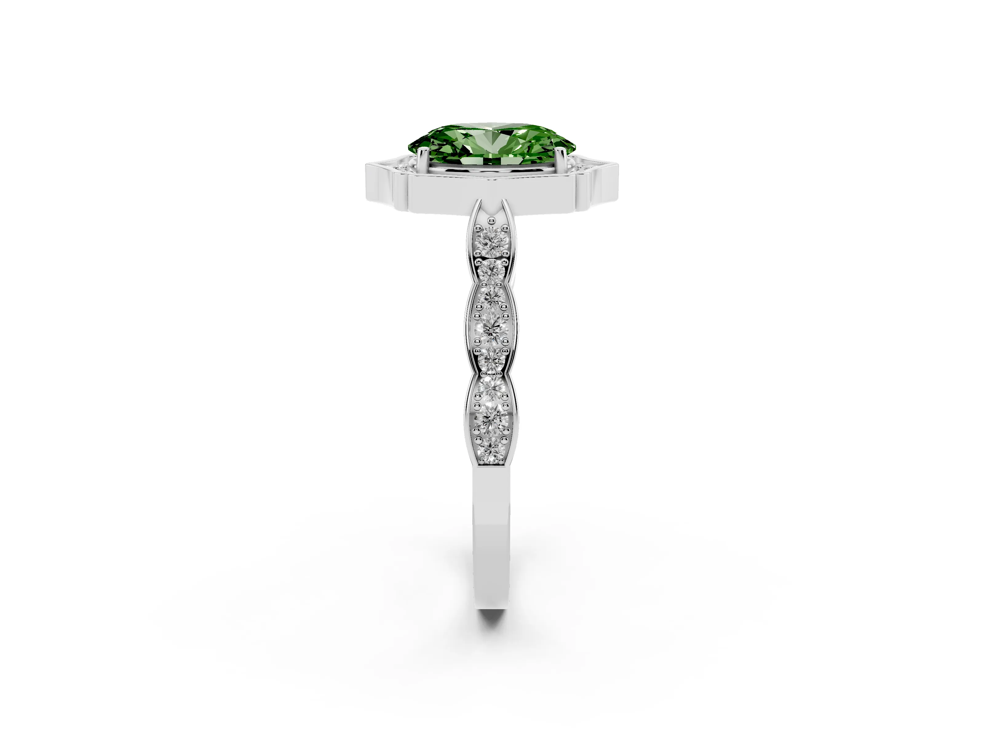 Fancy Green Oval Cut Diamond Halo Engagement Ring Set in White gold with Milgrain Band and Prong Setting