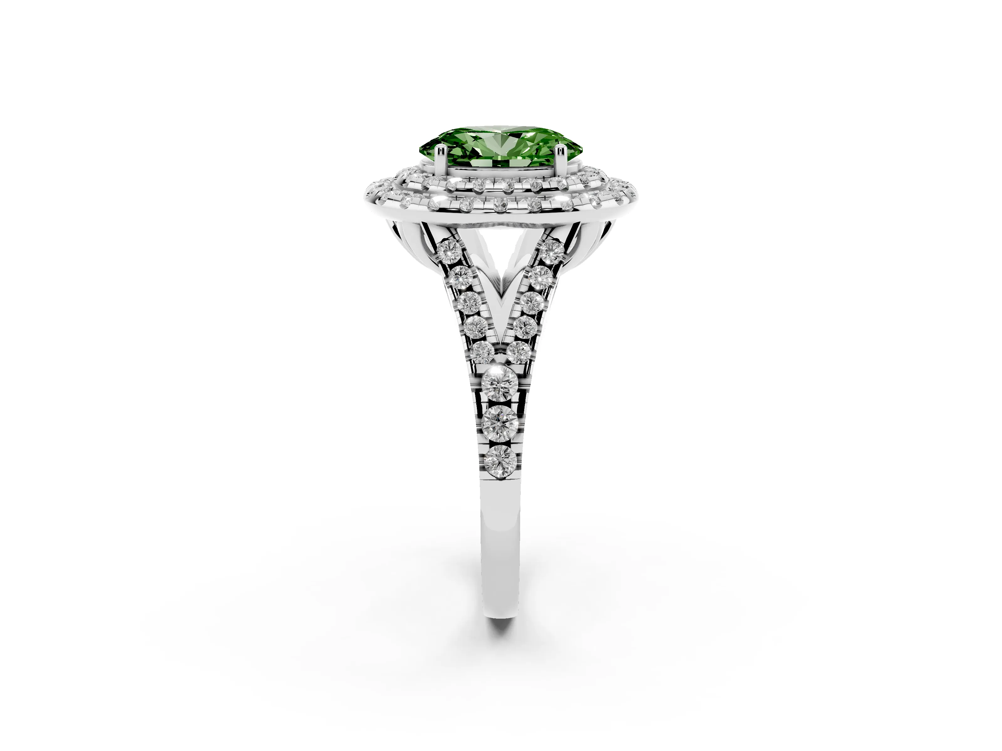 Fancy Green Oval Cut Diamond Double Halo Ring Set in White gold with Pavé Split Shank and Prong Setting