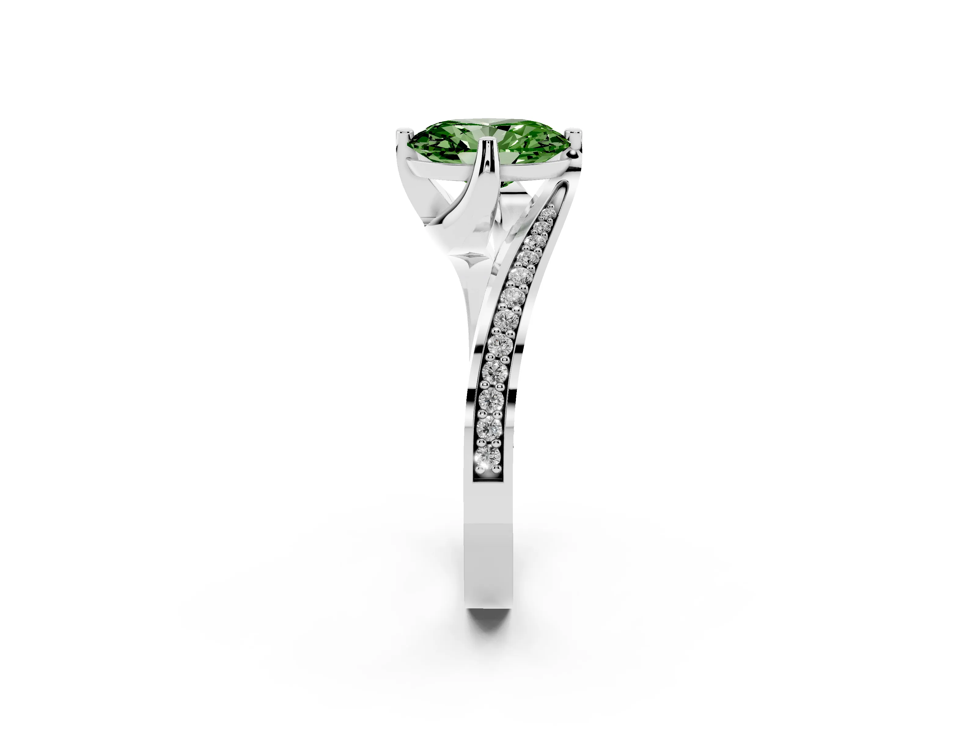 Fancy Green Oval Cut Diamond Solitaire Ring Set in Silver with Intertwined Pavé Twist Band