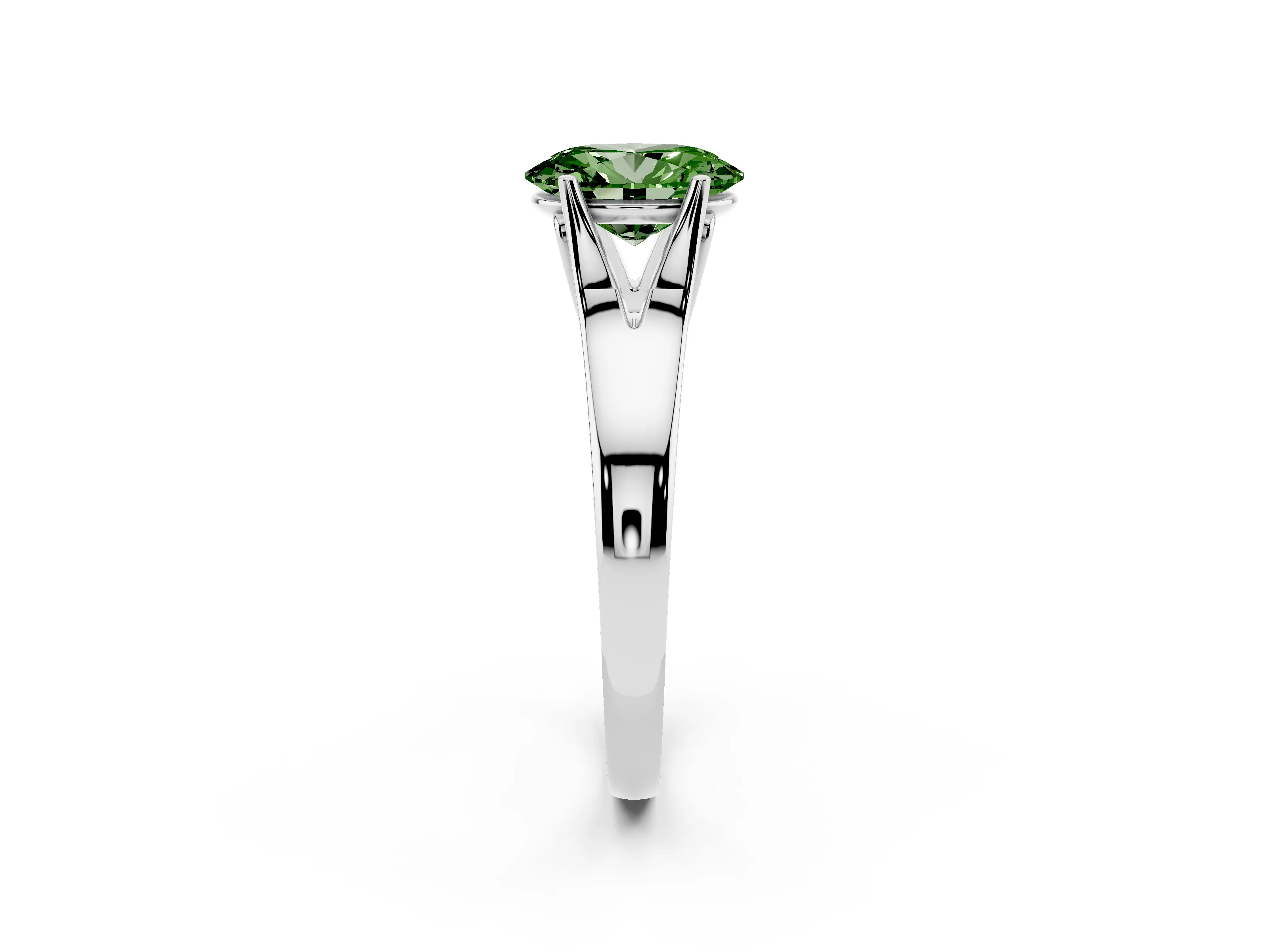 Fancy Green Oval Cut Diamond Solitaire Ring Set in White gold with Arched Cathedral Band and Prong Setting