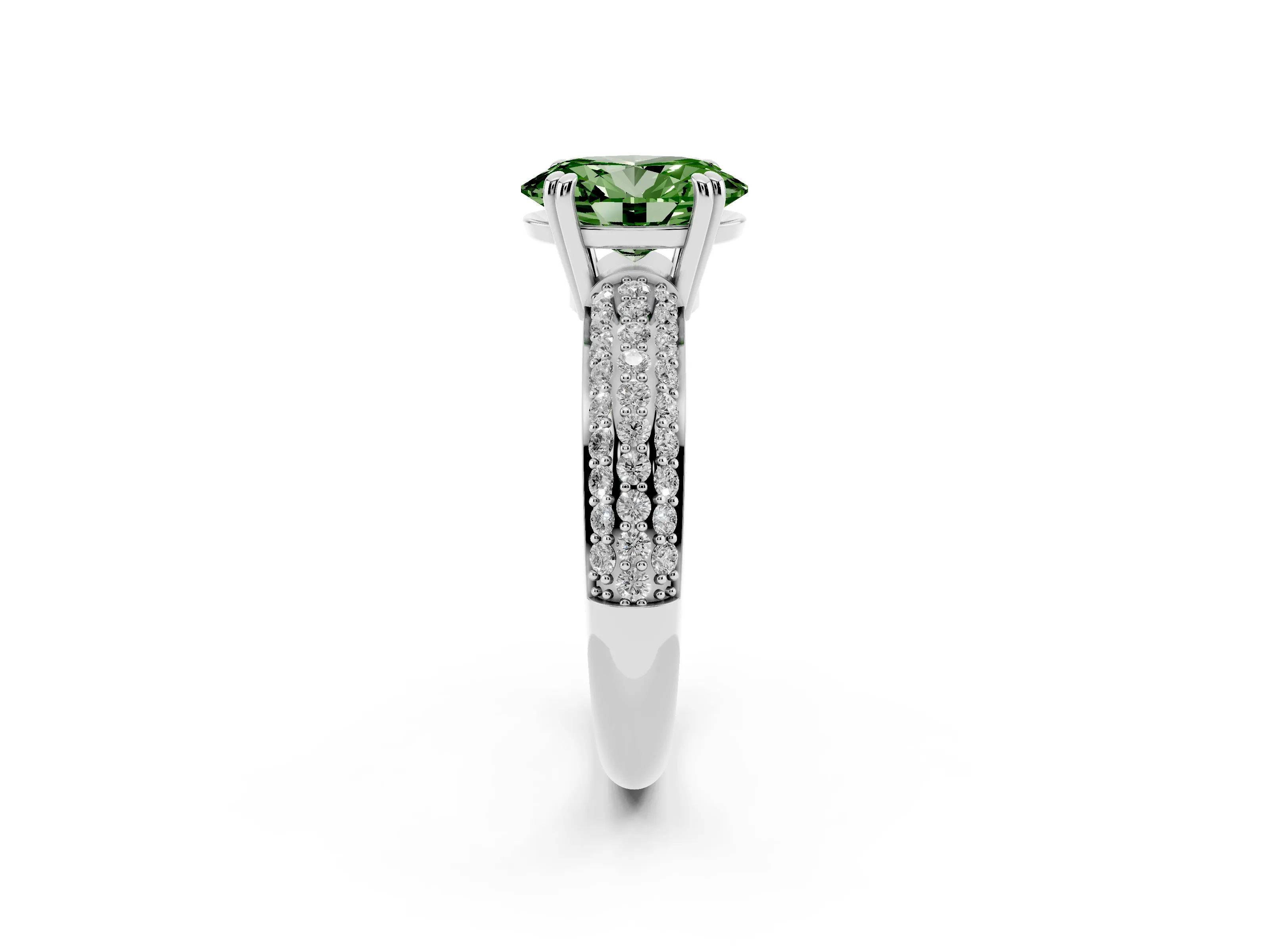 Fancy Green Oval Cut Diamond Solitaire Ring Set in Platinum with Multi-Row Round Pavé Band and Prong Setting
