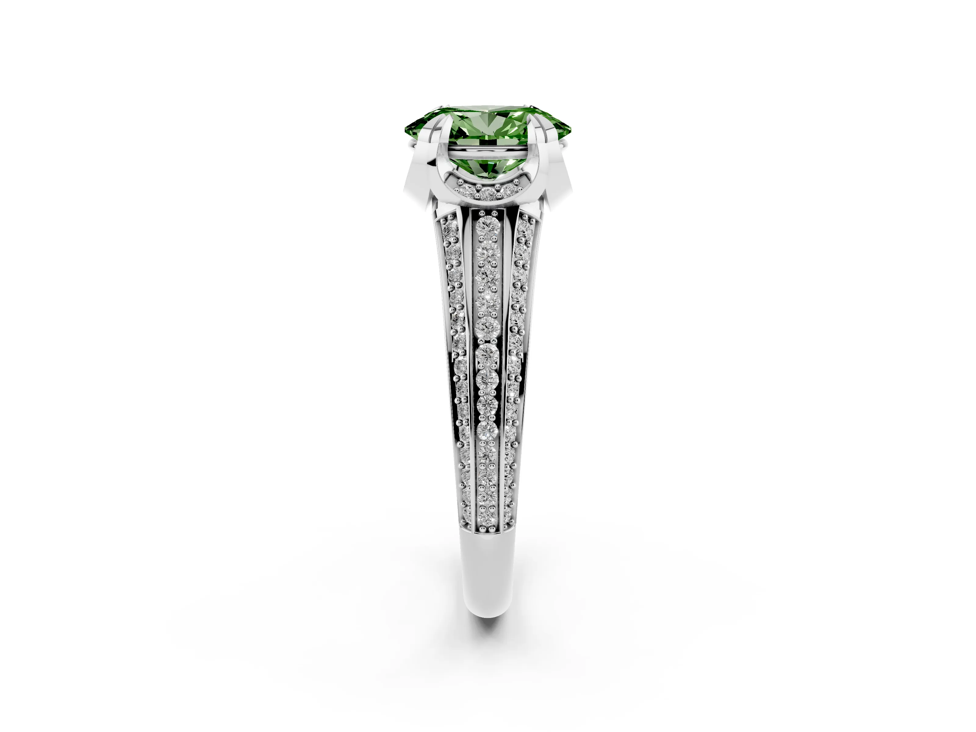 Fancy Green Oval Cut Diamond Pavé Split Shank Solitaire Ring Set in Silver with Prong Setting
