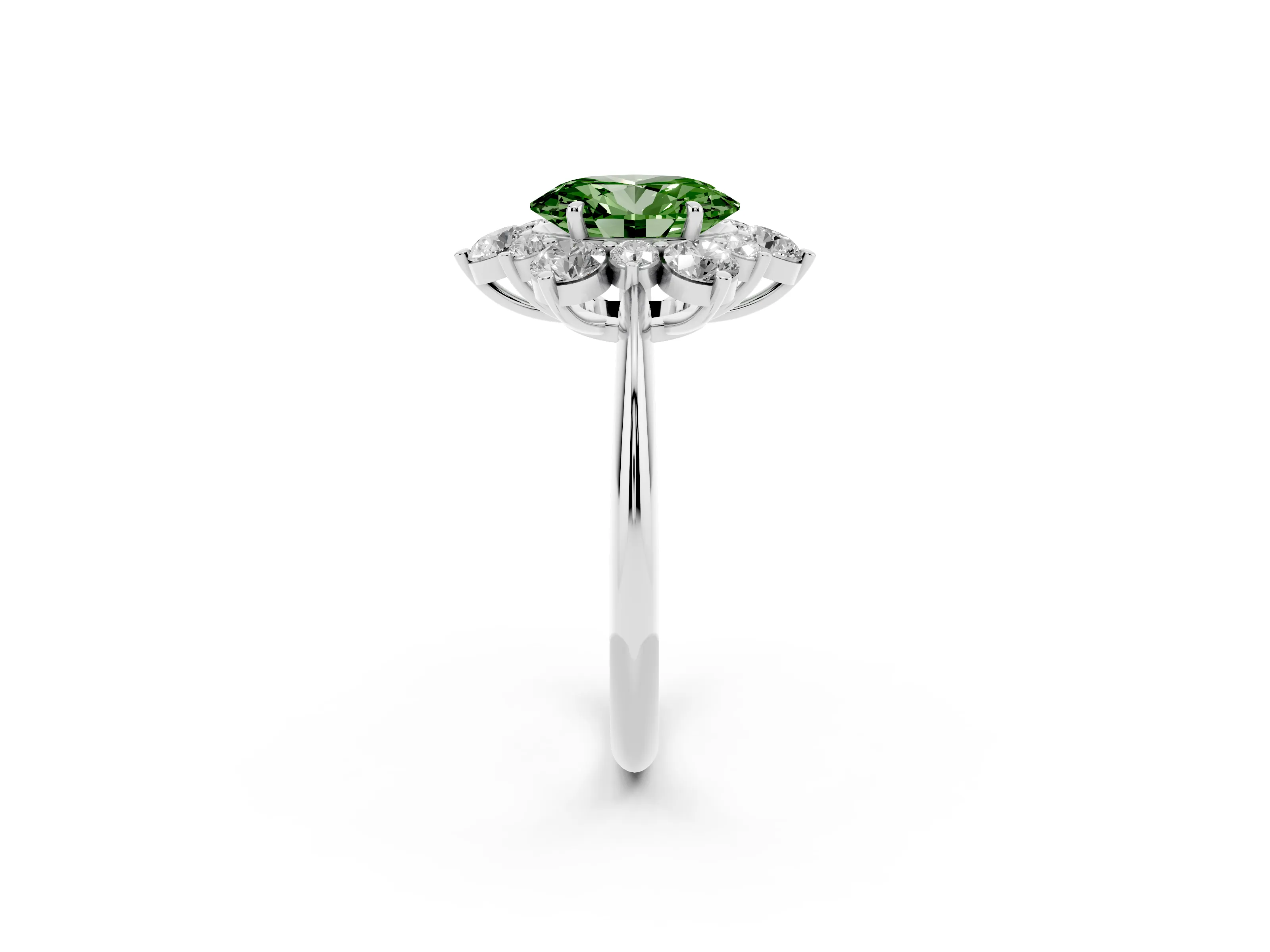 Fancy Green Oval Cut Diamond Cluster Halo Ring Set in Silver with Solitaire Band and Prong Setting