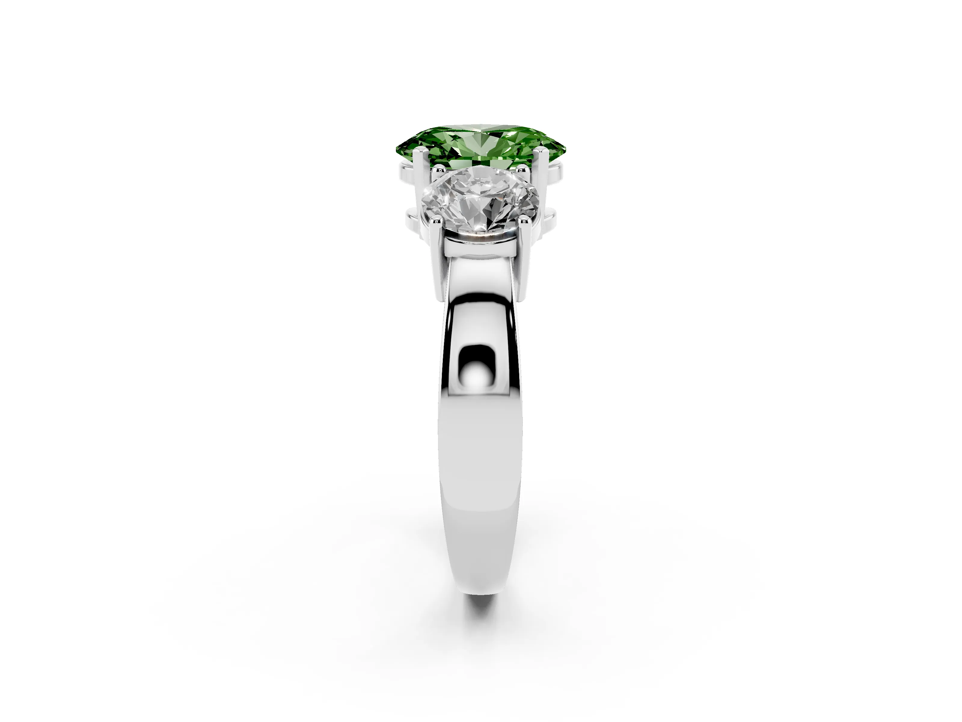 Fancy Green Oval Cut Diamond Three-Stone Ring Set in Platinum with Round Side Stones and Classic Band