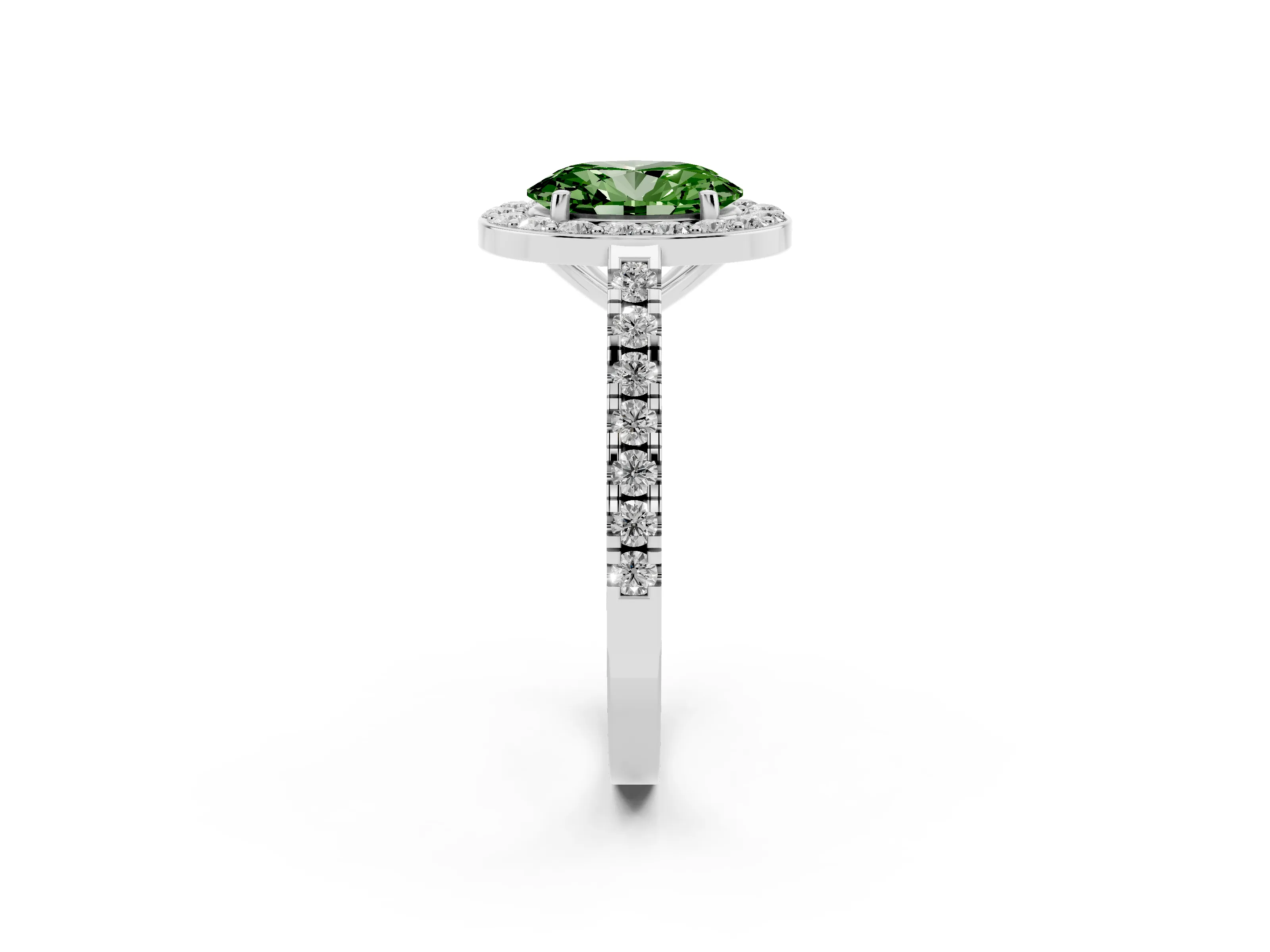 Fancy Green Oval Cut Diamond Halo Ring Set in Silver with Round Pavé Split Shank and Prong Setting