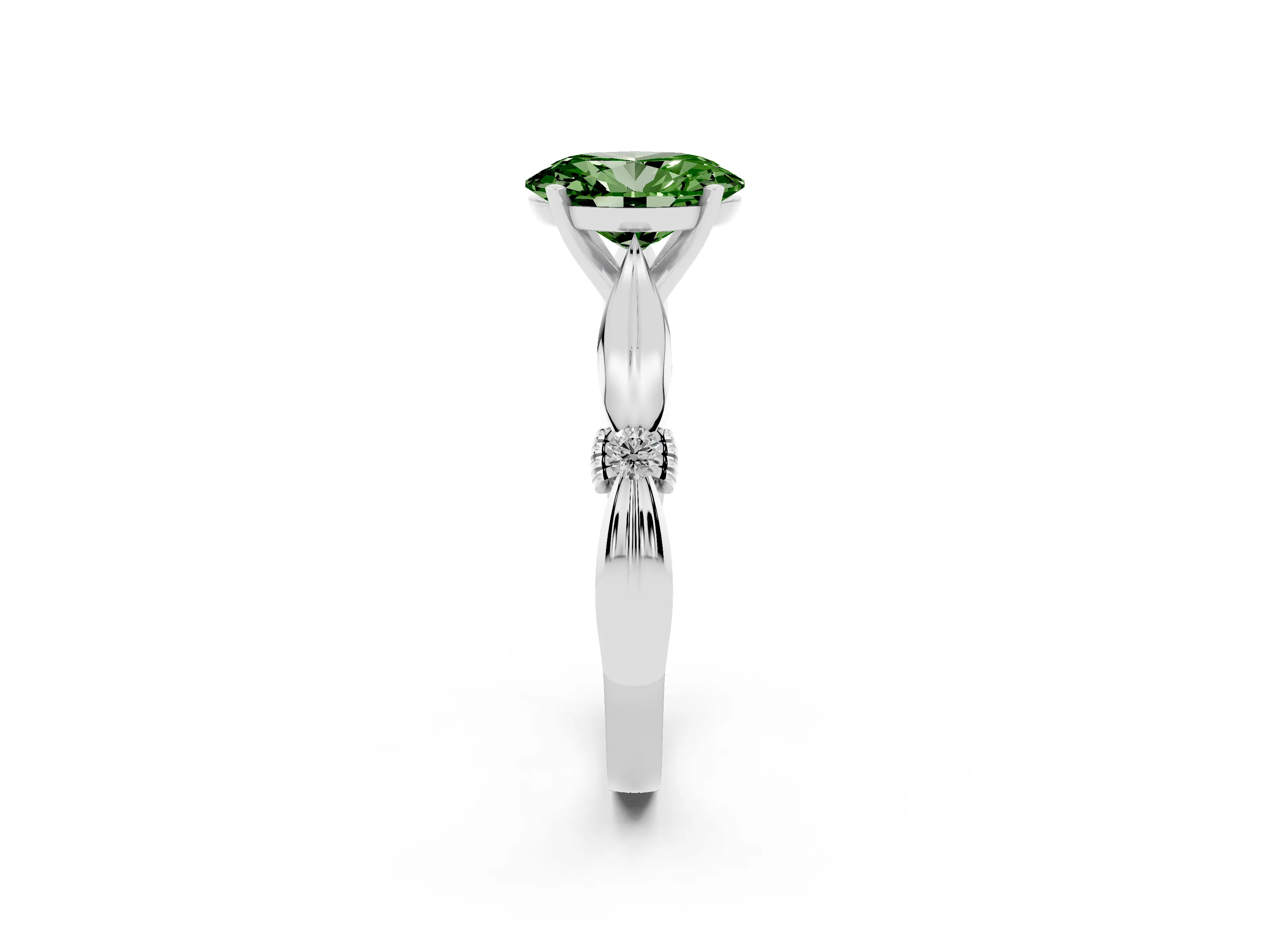 Fancy Green Oval Cut Diamond Solitaire Twisted Band Ring Set in Silver with Accent Stones and Prong Setting