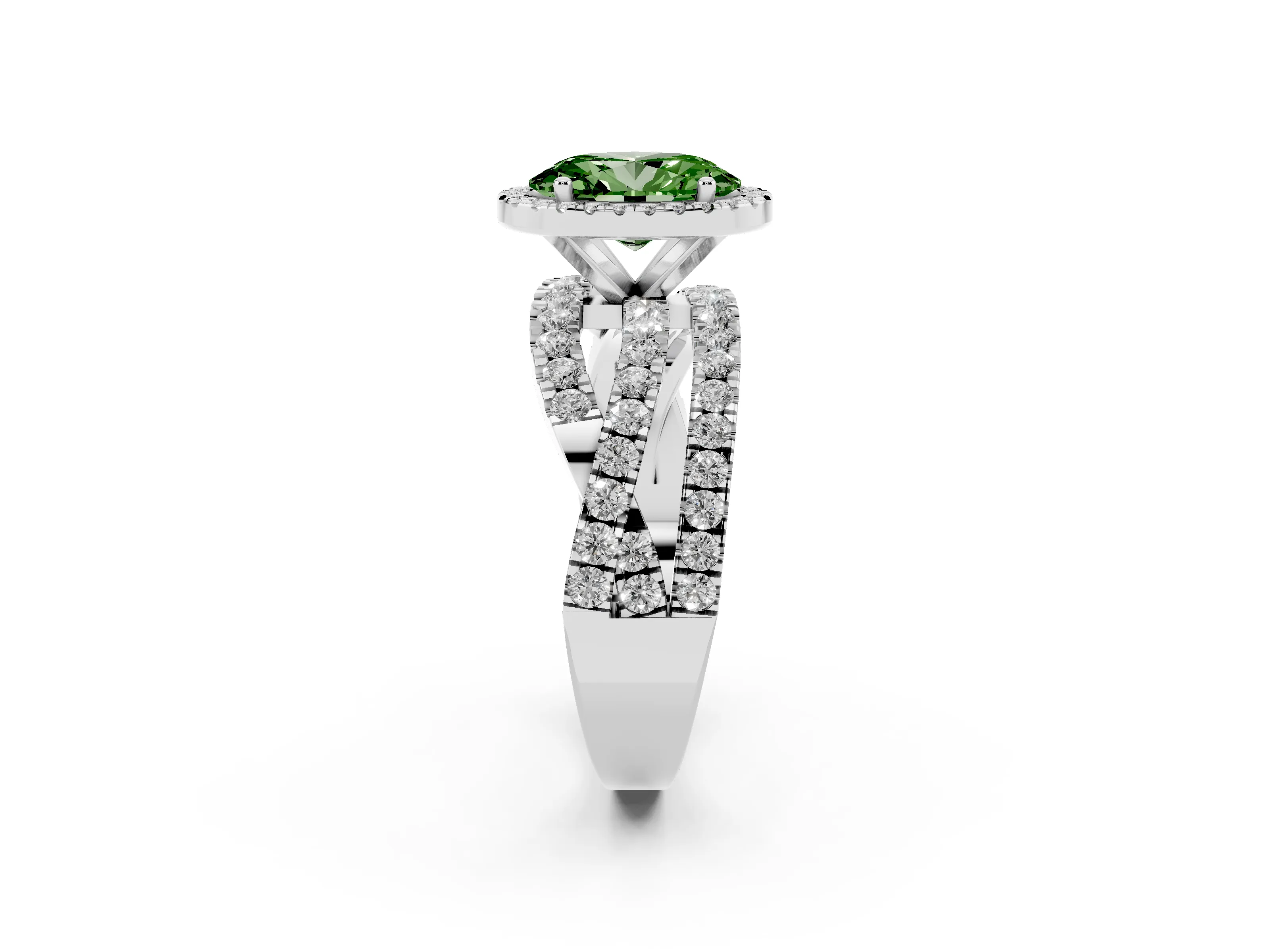 Fancy Green Oval Cut Diamond Halo Ring Set in Platinum with Round Crossover Split Shank and Prong Setting