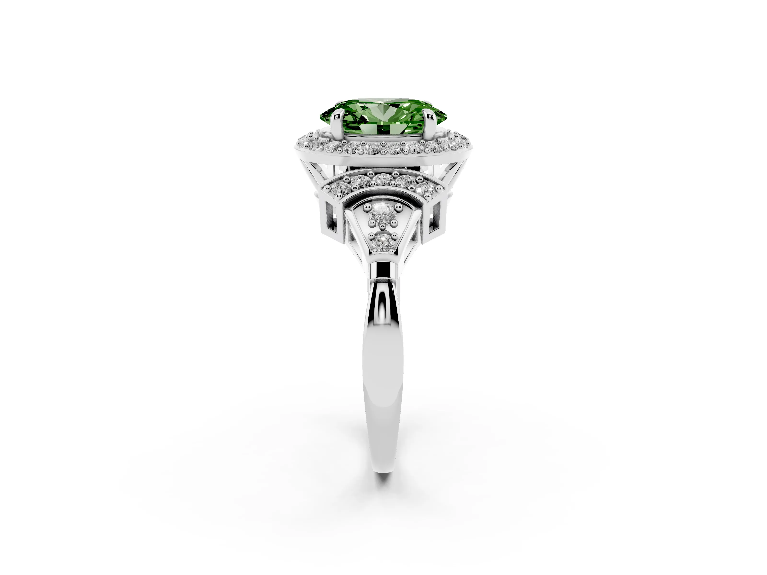 Fancy Green Oval Cut Diamond Halo Engagement Ring Set in Platinum with Accent Stone Split Shank