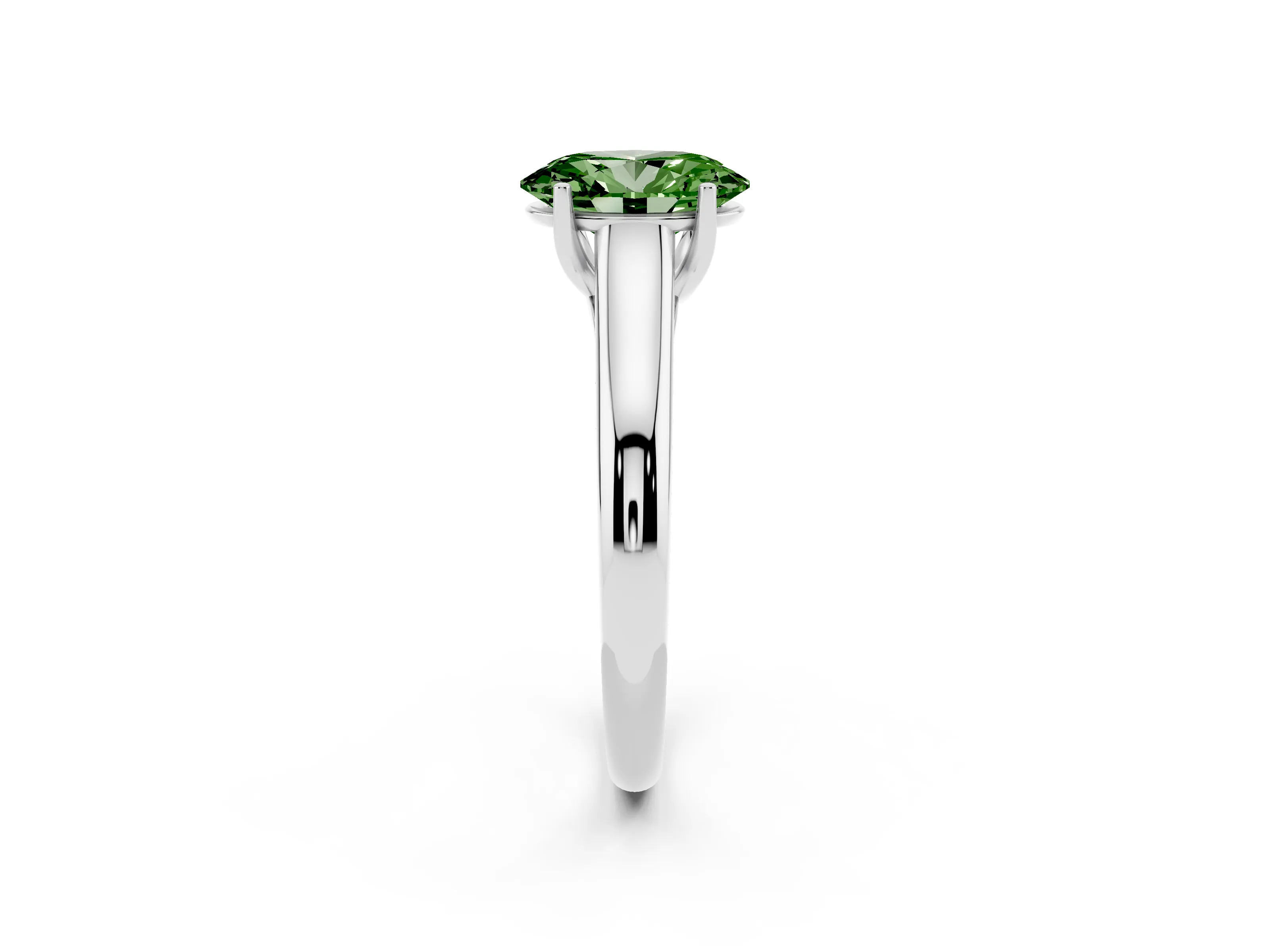 Fancy Green Oval Cut Diamond Solitaire Engagement Ring Set in White gold with Subtly Tapered Band and Prong Setting
