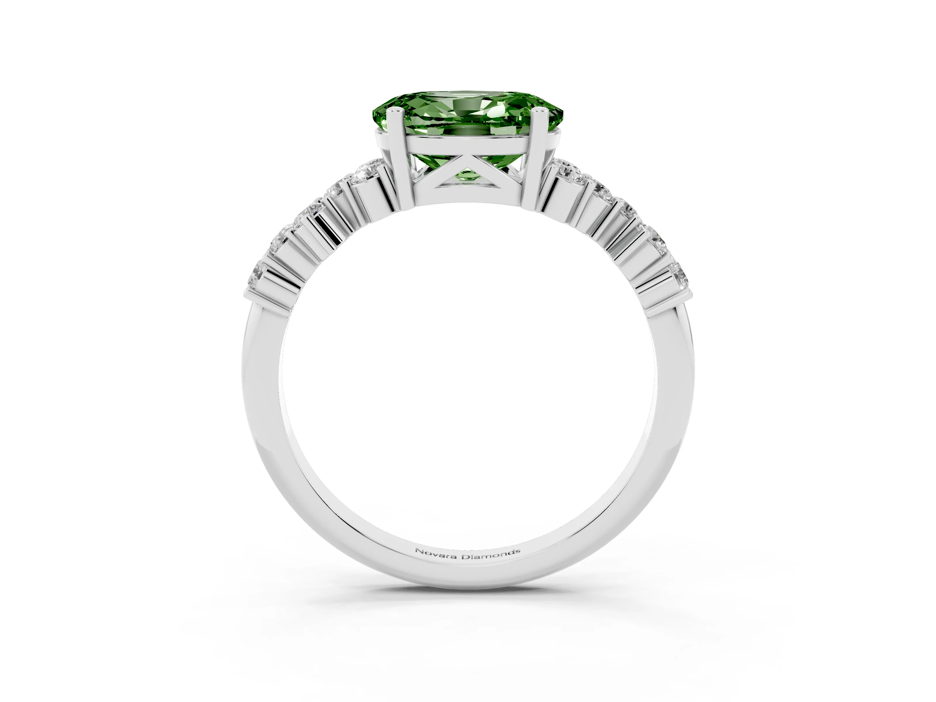 Fancy Green Oval Cut Diamond Ring Set in Silver with Scattered Round Accents