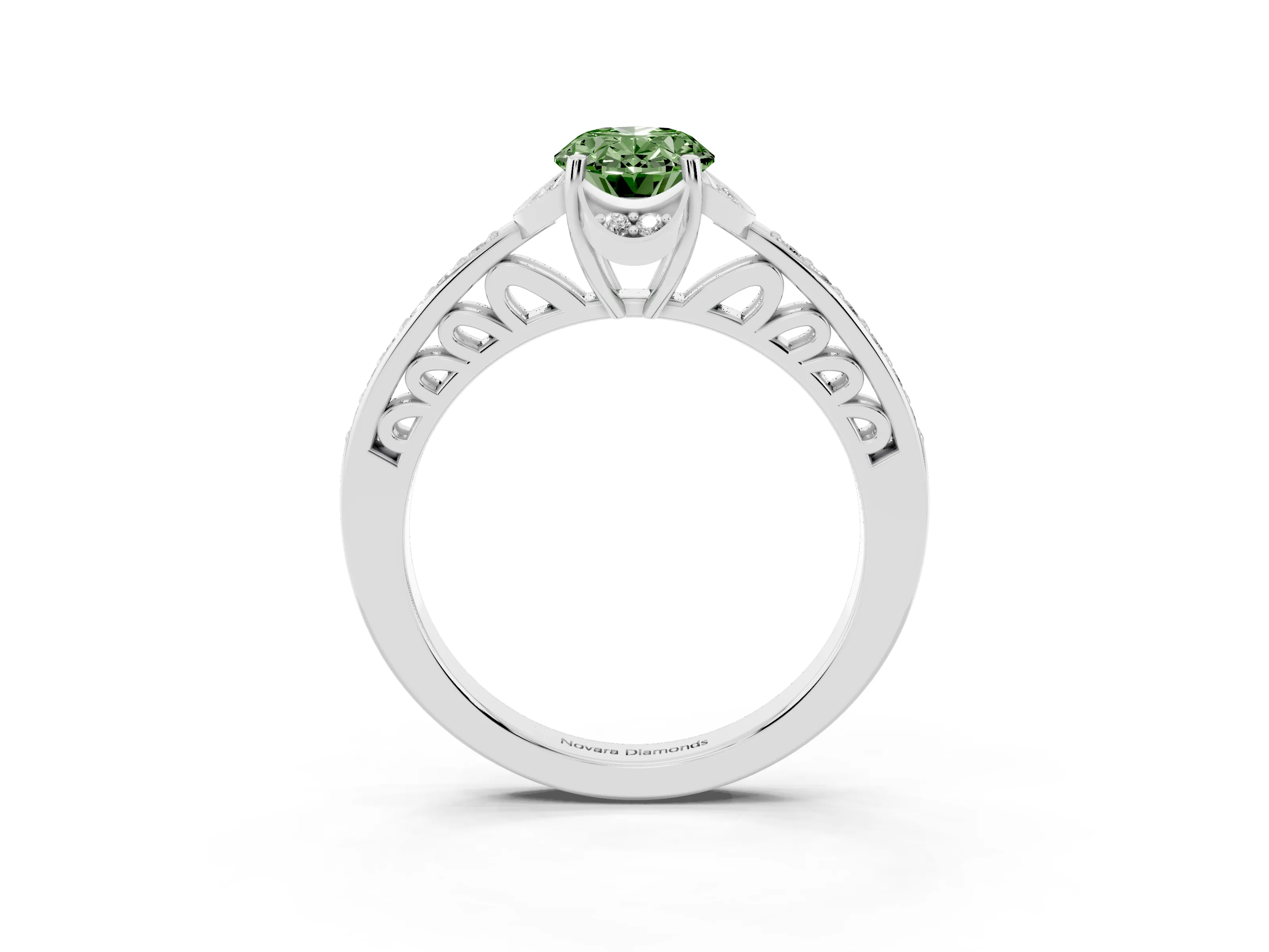 Fancy Green Oval Cut Diamond Halo Ring Set in White gold with Channel Set Band and Prong Setting