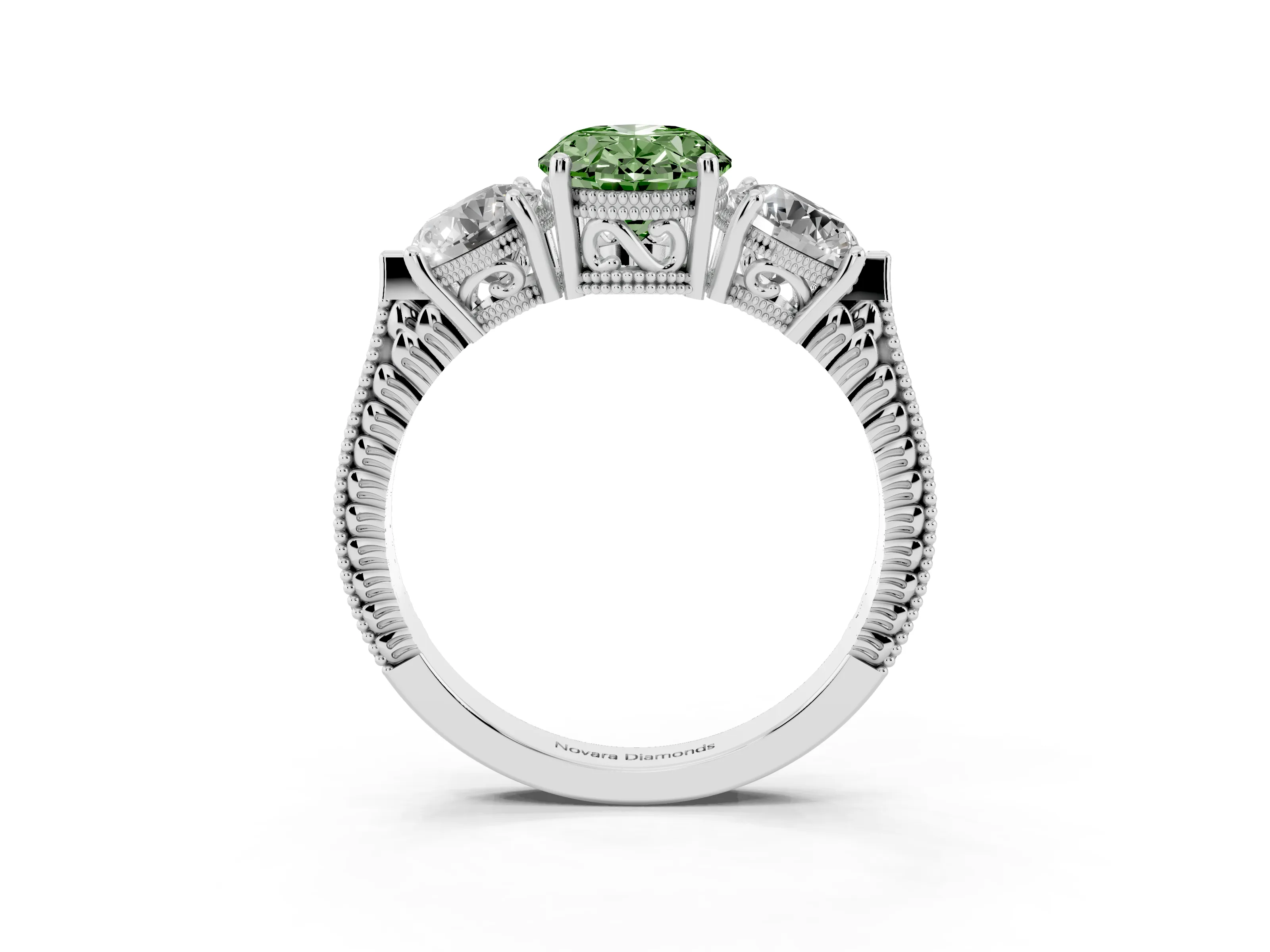 Fancy Green Oval Cut Diamond Three-Stone Ring Set in Silver with Milgrain Band
