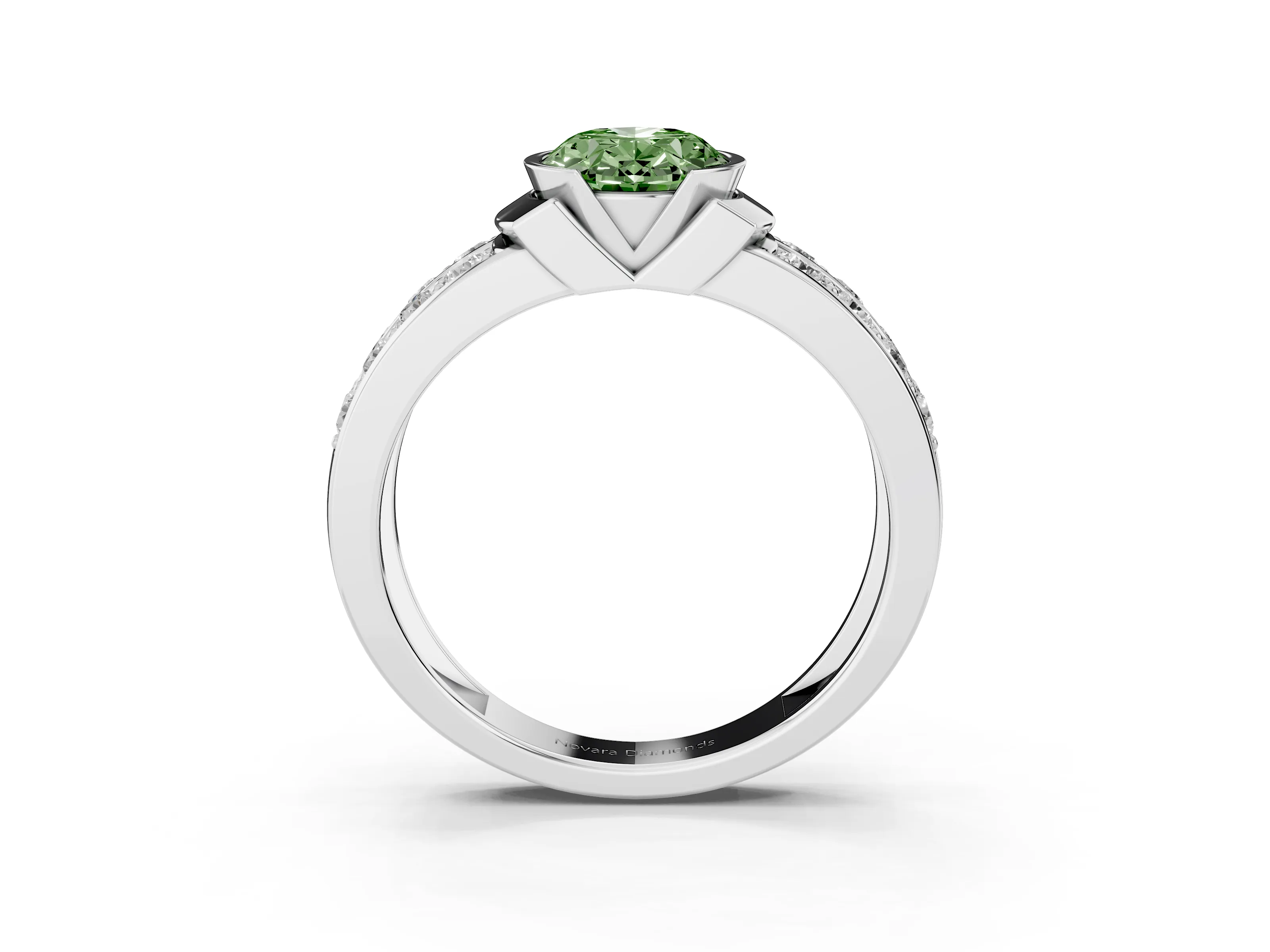 Fancy Green Oval Cut Diamond Wide Channel Set Band Ring Set in Silver with Bezel Setting