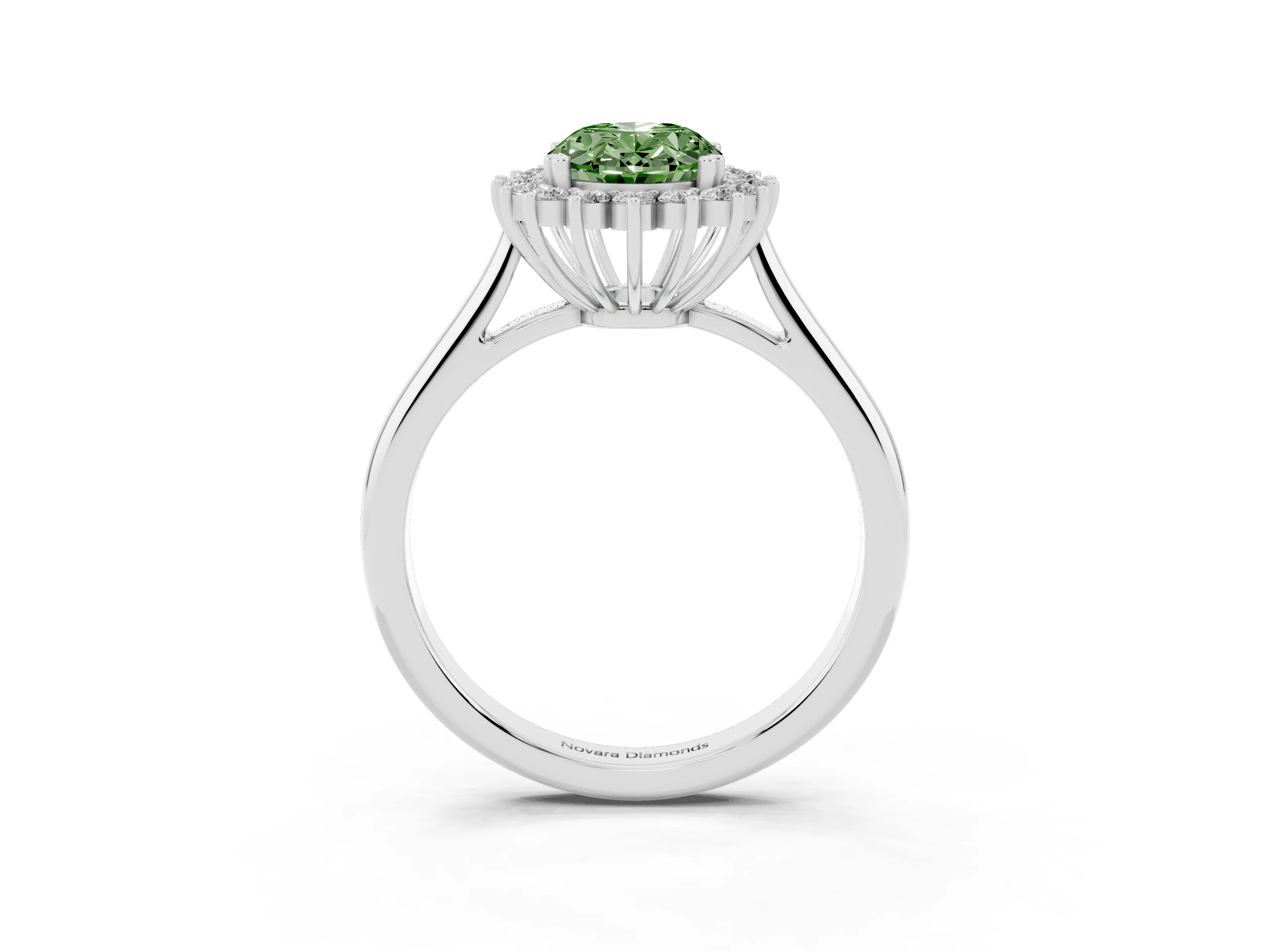 Fancy Green Oval Cut Diamond Halo Ring Set in Silver with Plain Solitaire Band and Prong Setting
