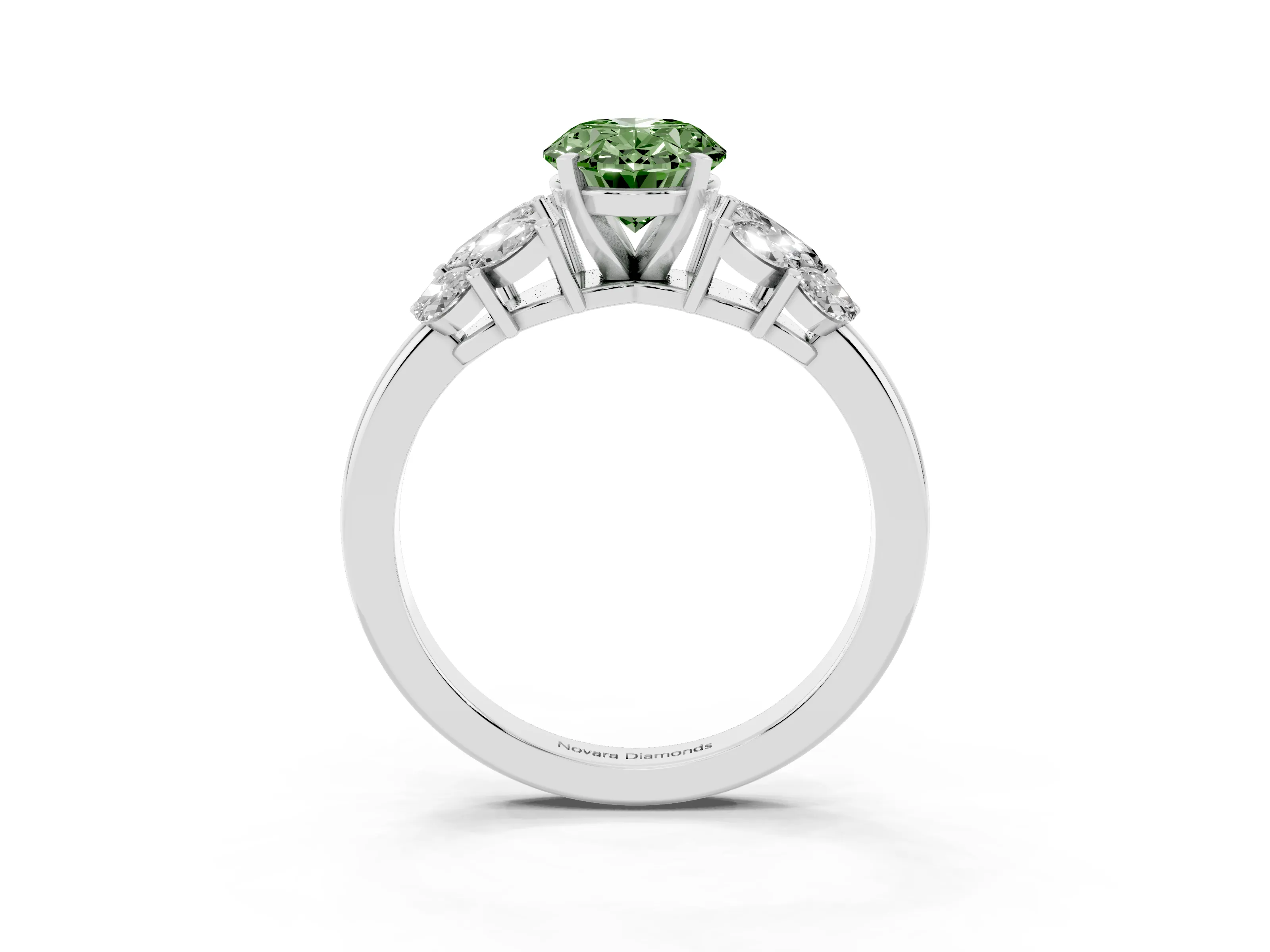 Fancy Green Oval Cut Diamond Cluster Leaf Design Ring Set in White gold with Prong Setting