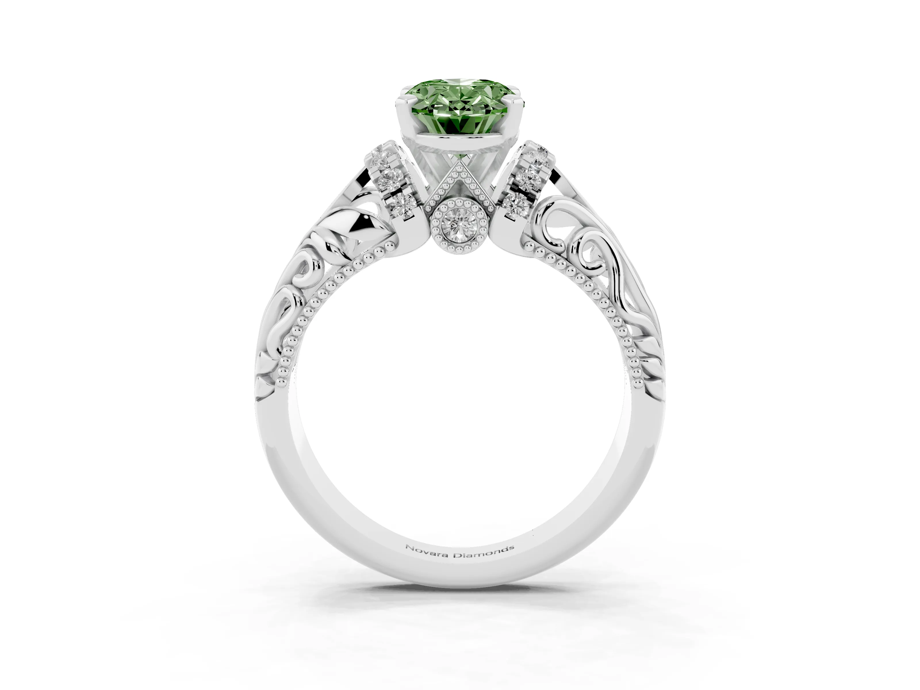 Fancy Green Oval Cut Diamond Filigree Halo Engagement Ring Set in White gold with Prong Setting