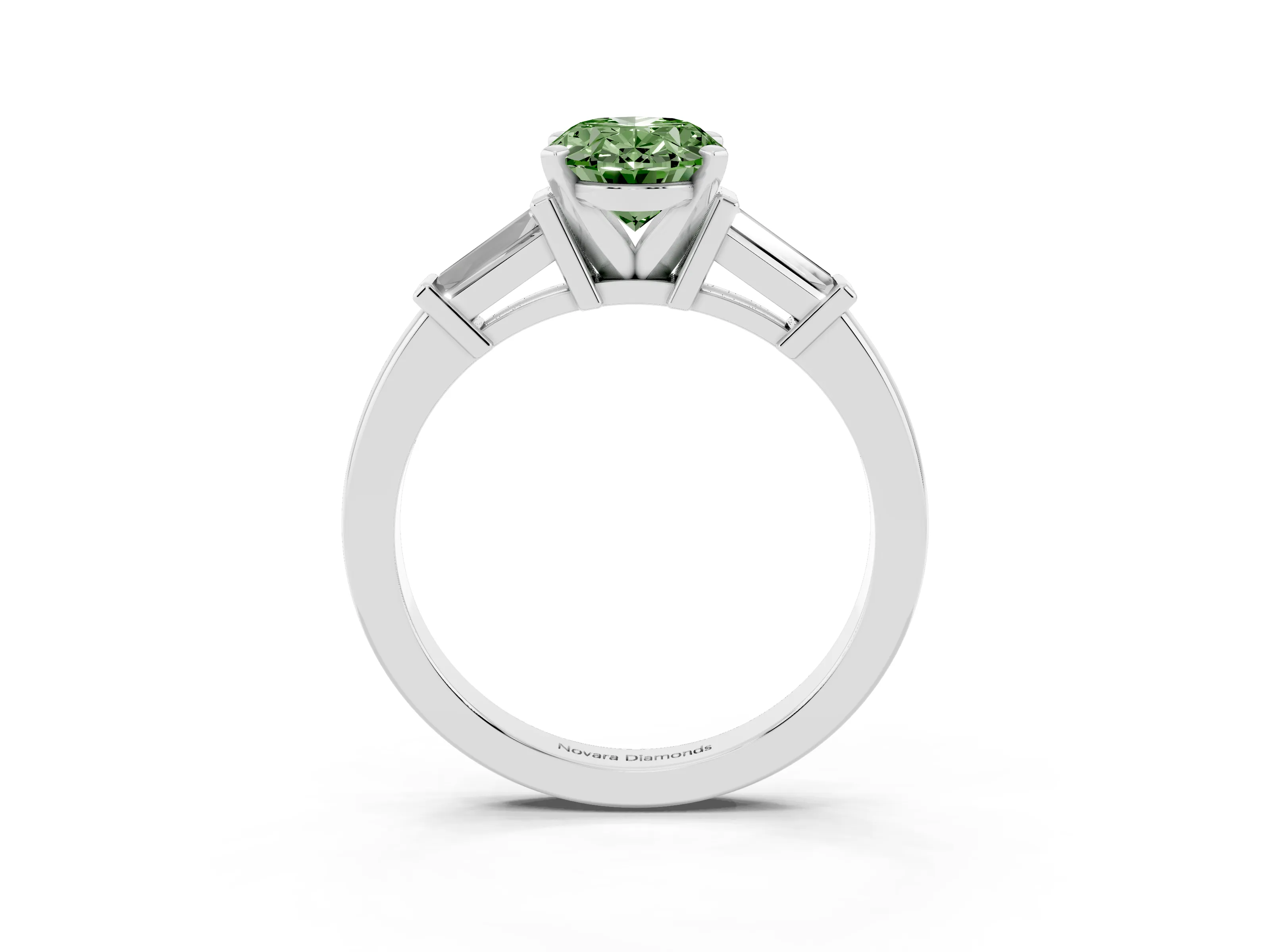 Fancy Green Oval Cut Diamond Solitaire Ring Set in Platinum with Tapered Baguette Accents and Prong Setting