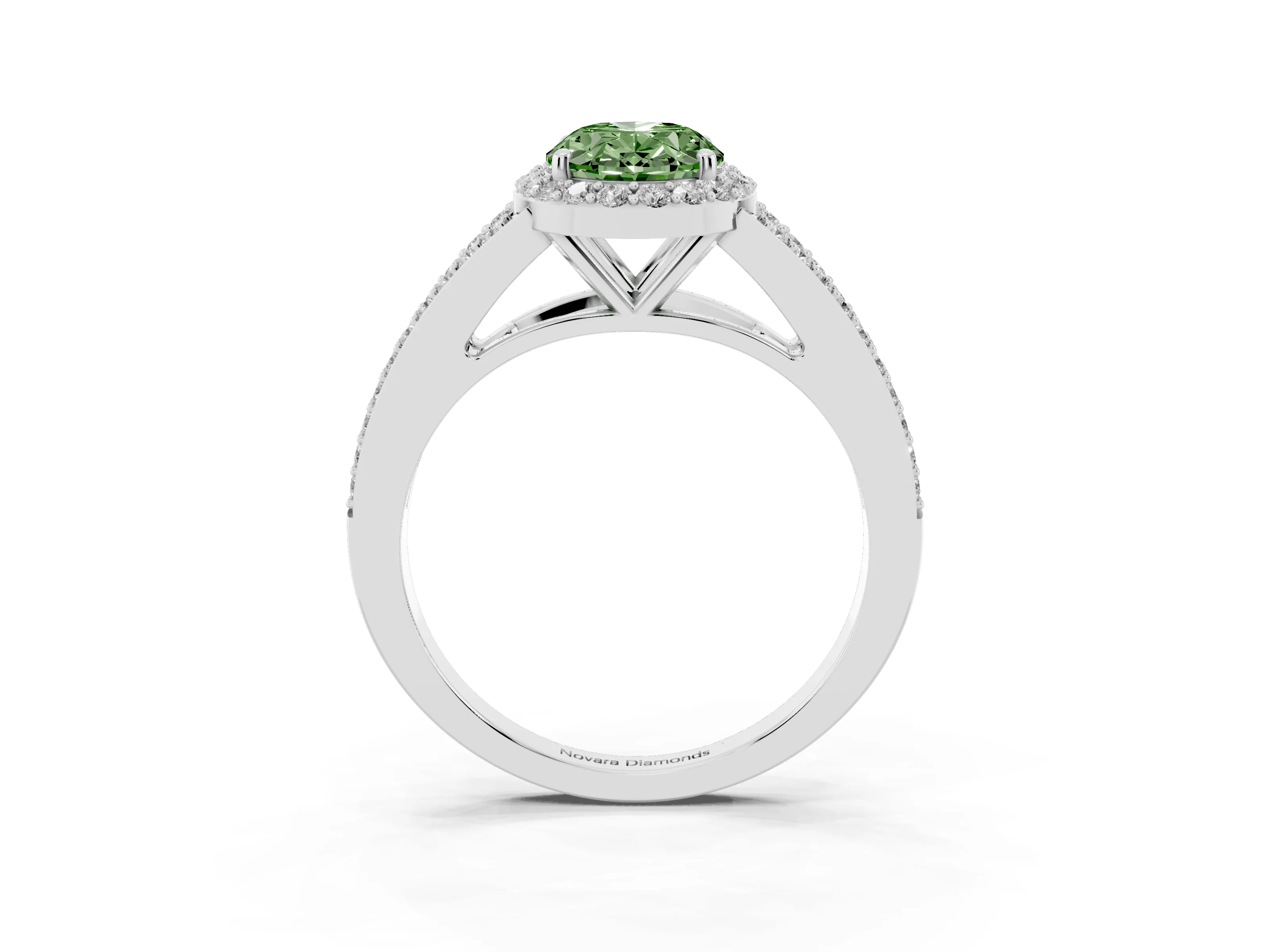 Fancy Green Oval Cut Diamond Halo Split Shank Ring Set in White gold with Accent Stones and Prong Setting