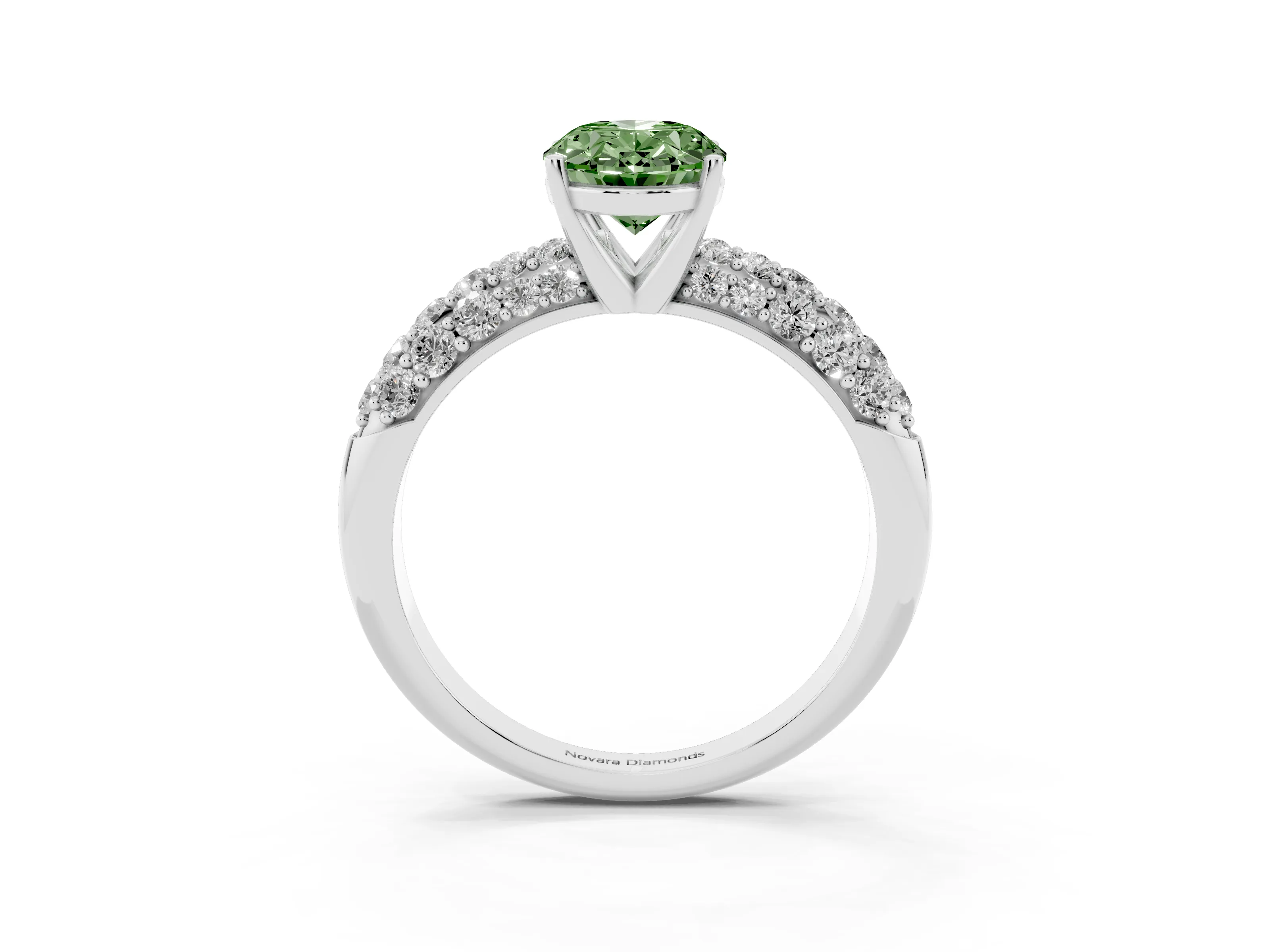 Fancy Green Oval Cut Diamond Pavé Band Solitaire Ring Set in White gold with Close-Set Accent Stones and Prong Setting