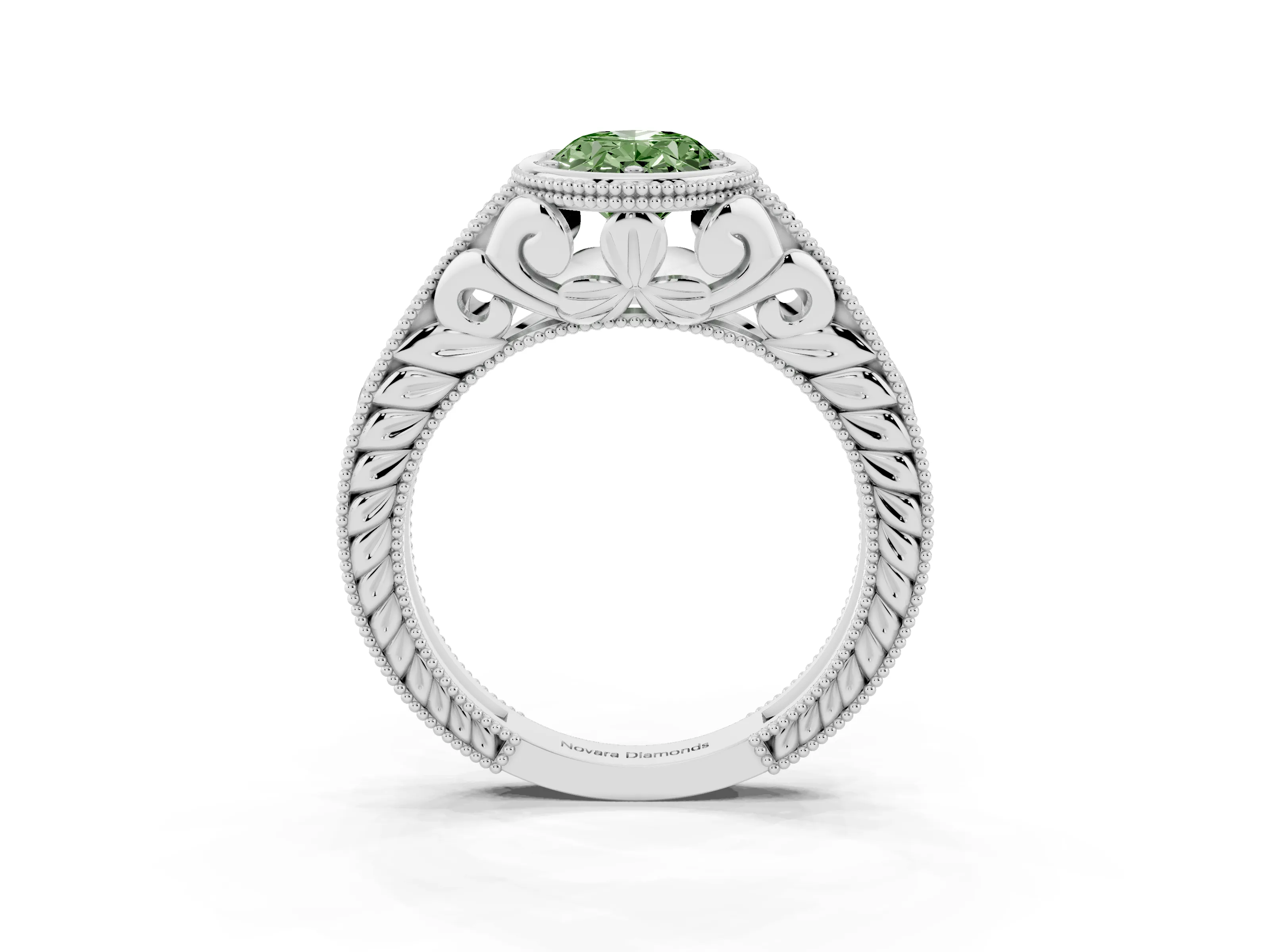 Fancy Green Bezel Set Oval Cut Diamond Milgrain Pavé Engagement Ring Set in Silver