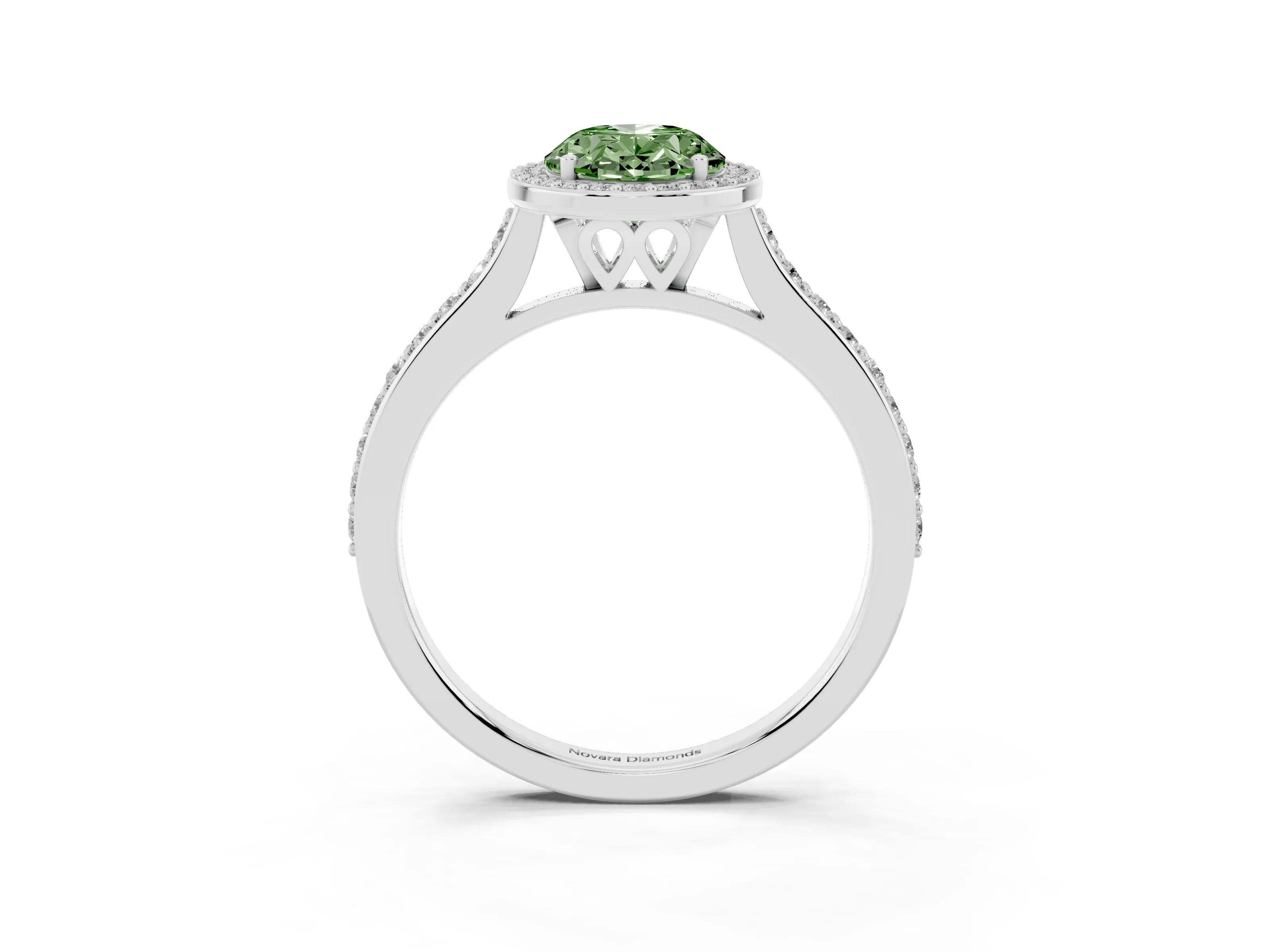 Fancy Green Oval Cut Diamond Halo Engagement Ring Set in White gold with Round Pavé Shoulders and Heart Gallery