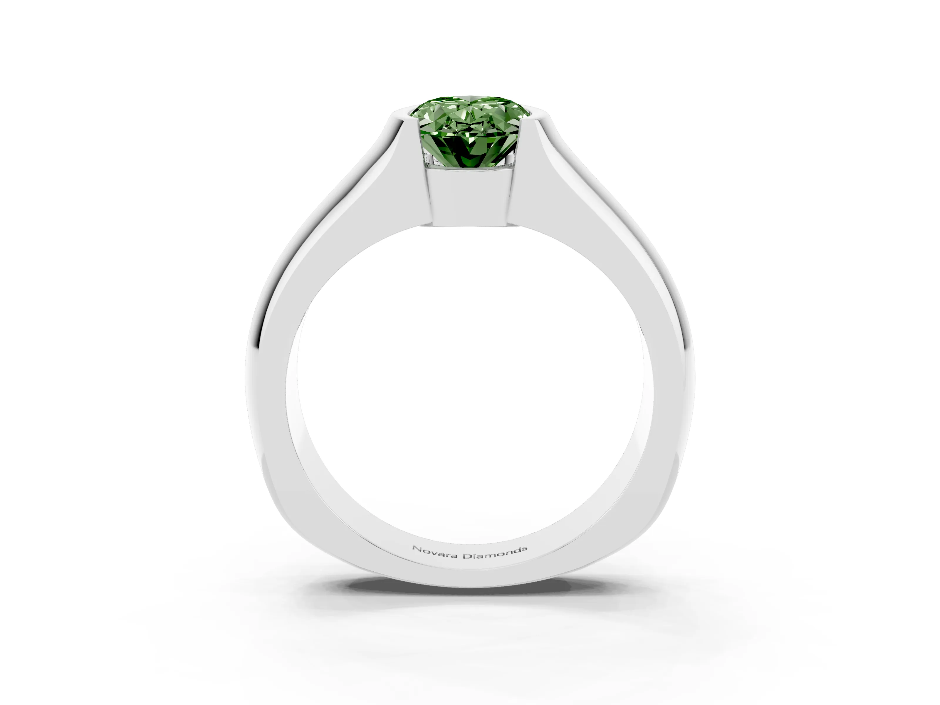 Fancy Green Oval Cut Diamond Bezel Solitaire Ring Set in White gold with Wide Band