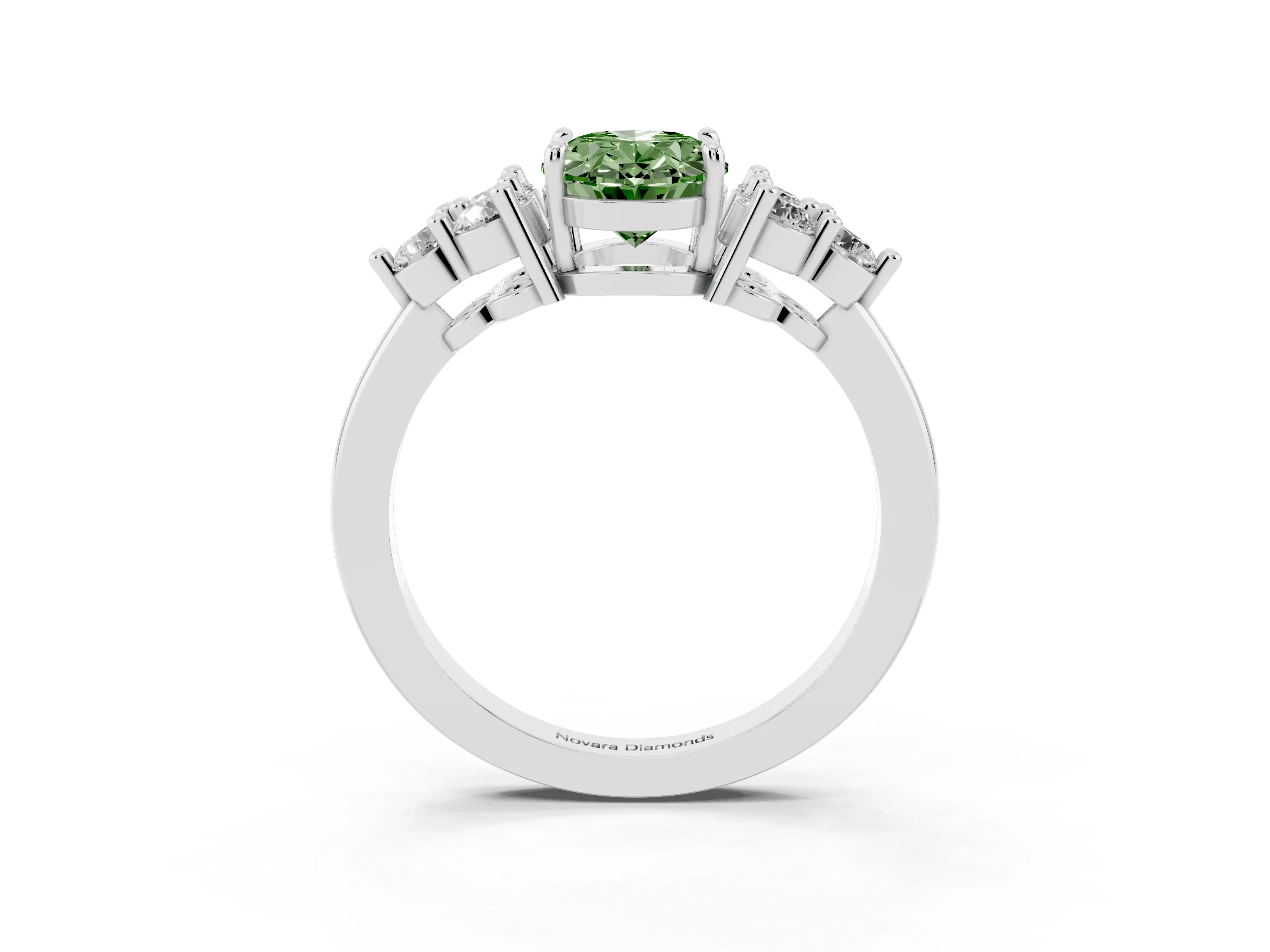 Fancy Green Oval Cut Diamond Solitaire Ring Set in Silver with Cluster Accents on Each Side