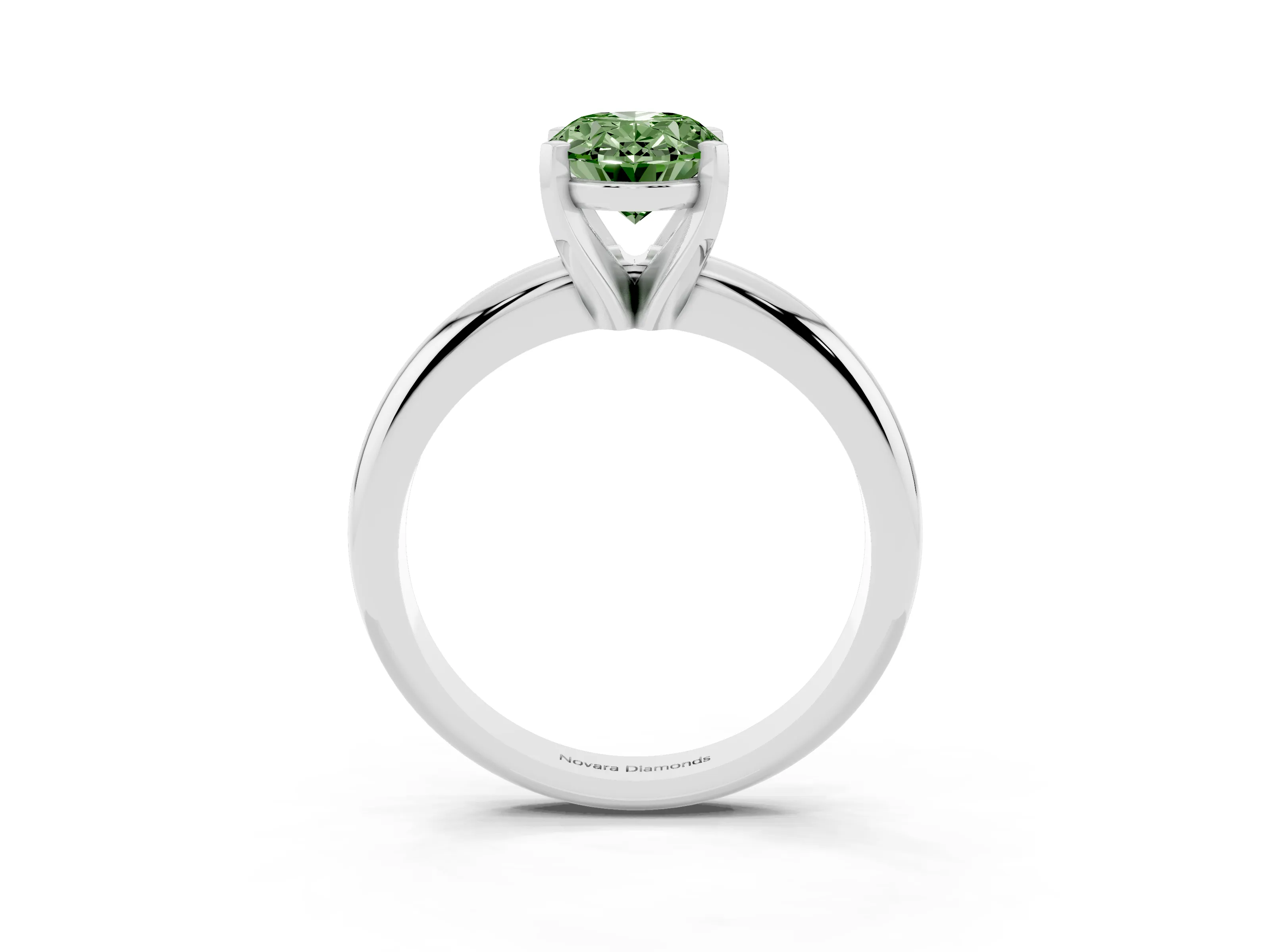 Fancy Green Oval Cut Diamond Solitaire Engagement Ring Set in White gold with Round Band and Prong Setting