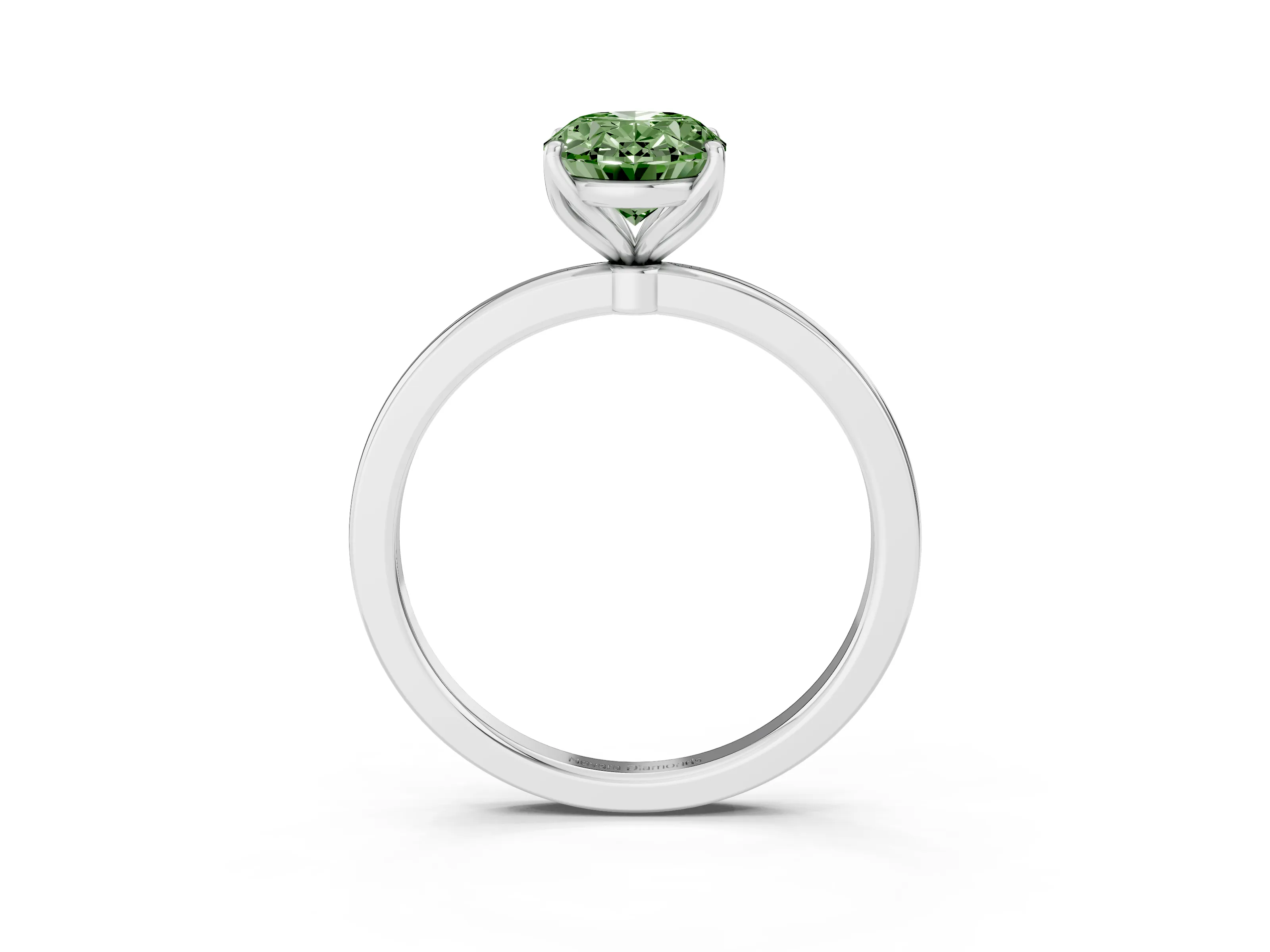 Fancy Green Oval Cut Diamond Solitaire Ring Set in White gold with Prong Setting and Thin Polished Band