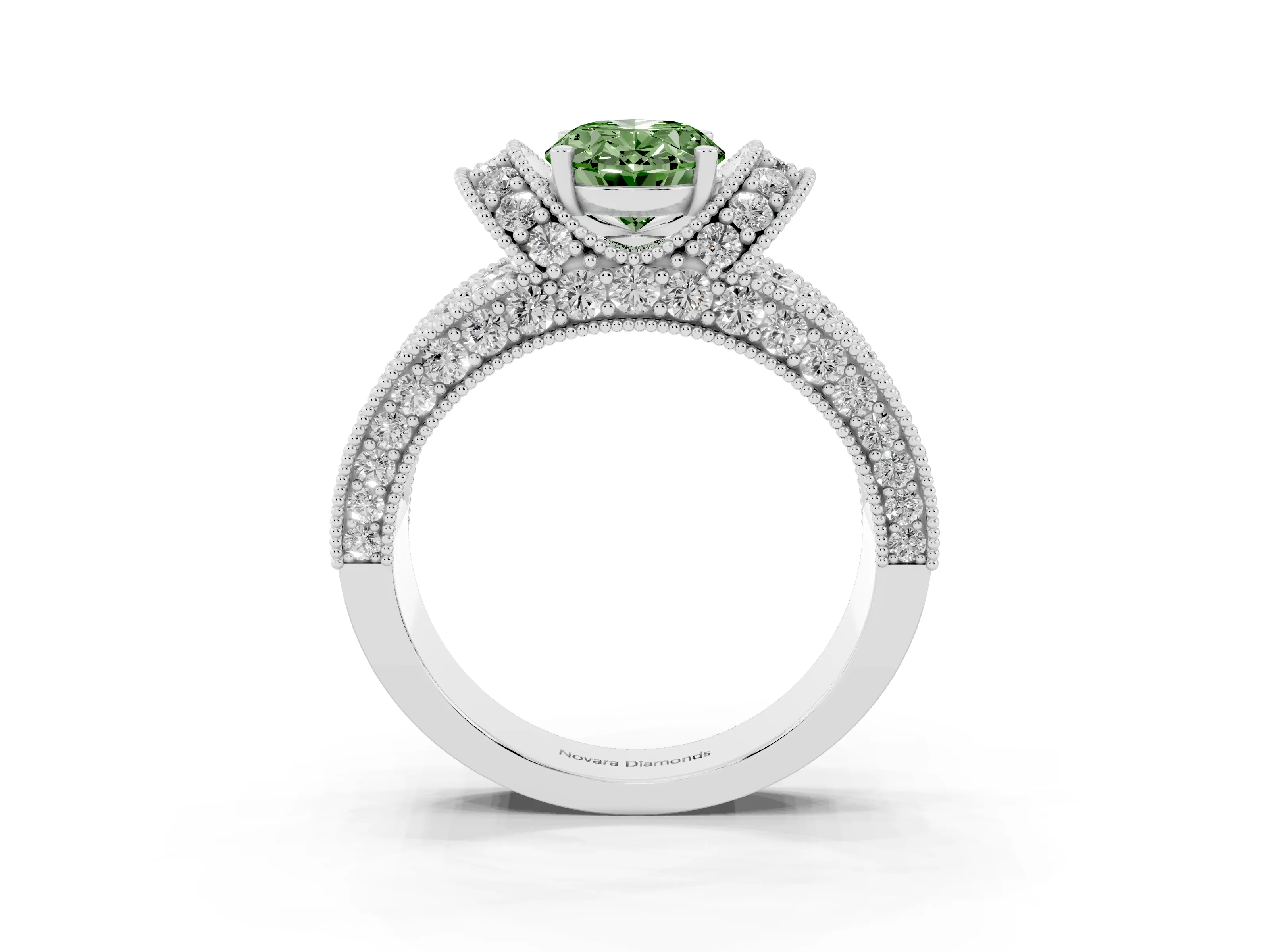 Fancy Green Oval Cut Diamond Milgrain Halo Pavé Engagement Ring Set in Platinum with Prong Setting