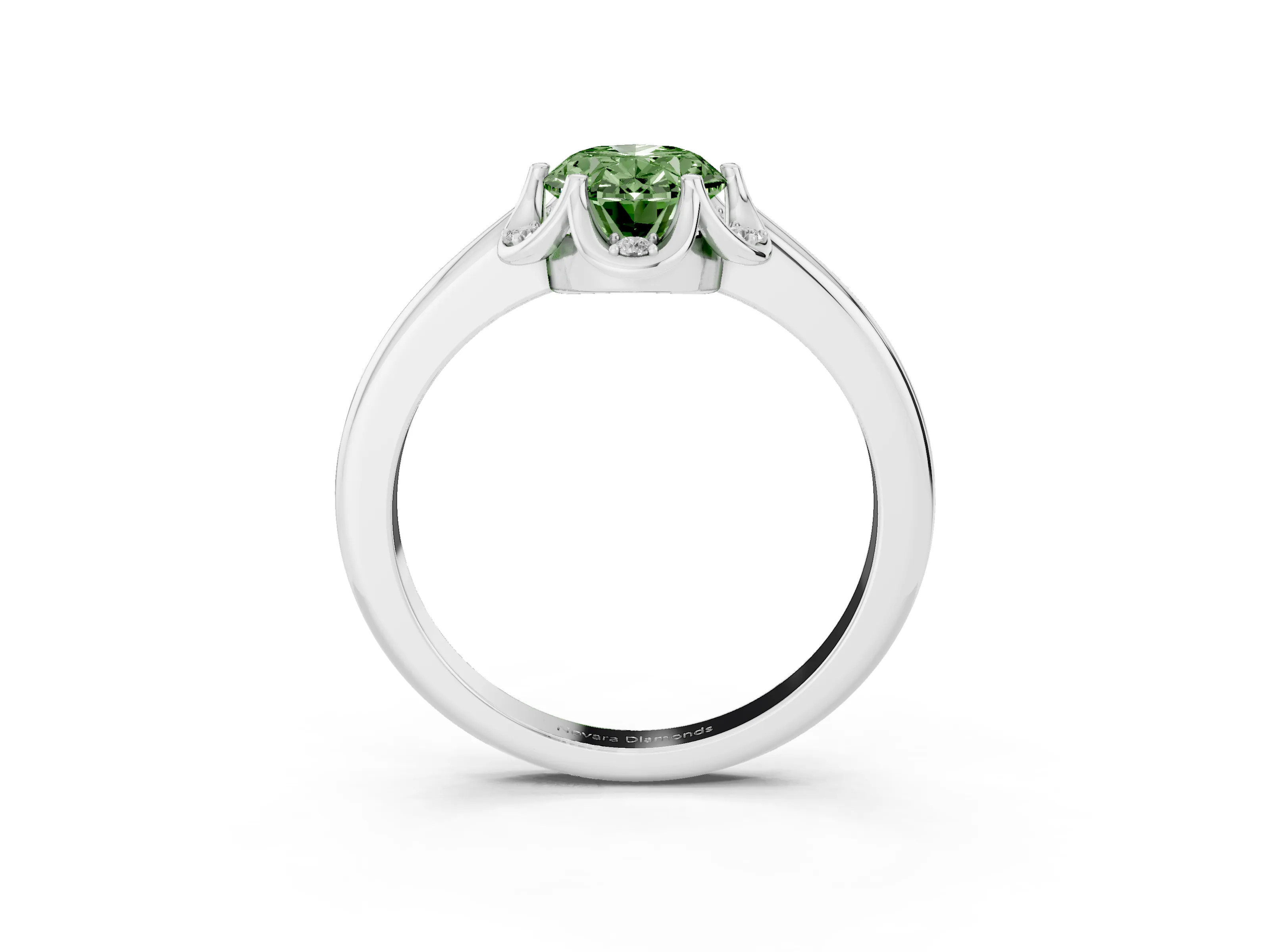 Fancy Green Oval Cut Diamond Round Cluster Halo Ring Set in Platinum with Solitaire Band and Prong Setting