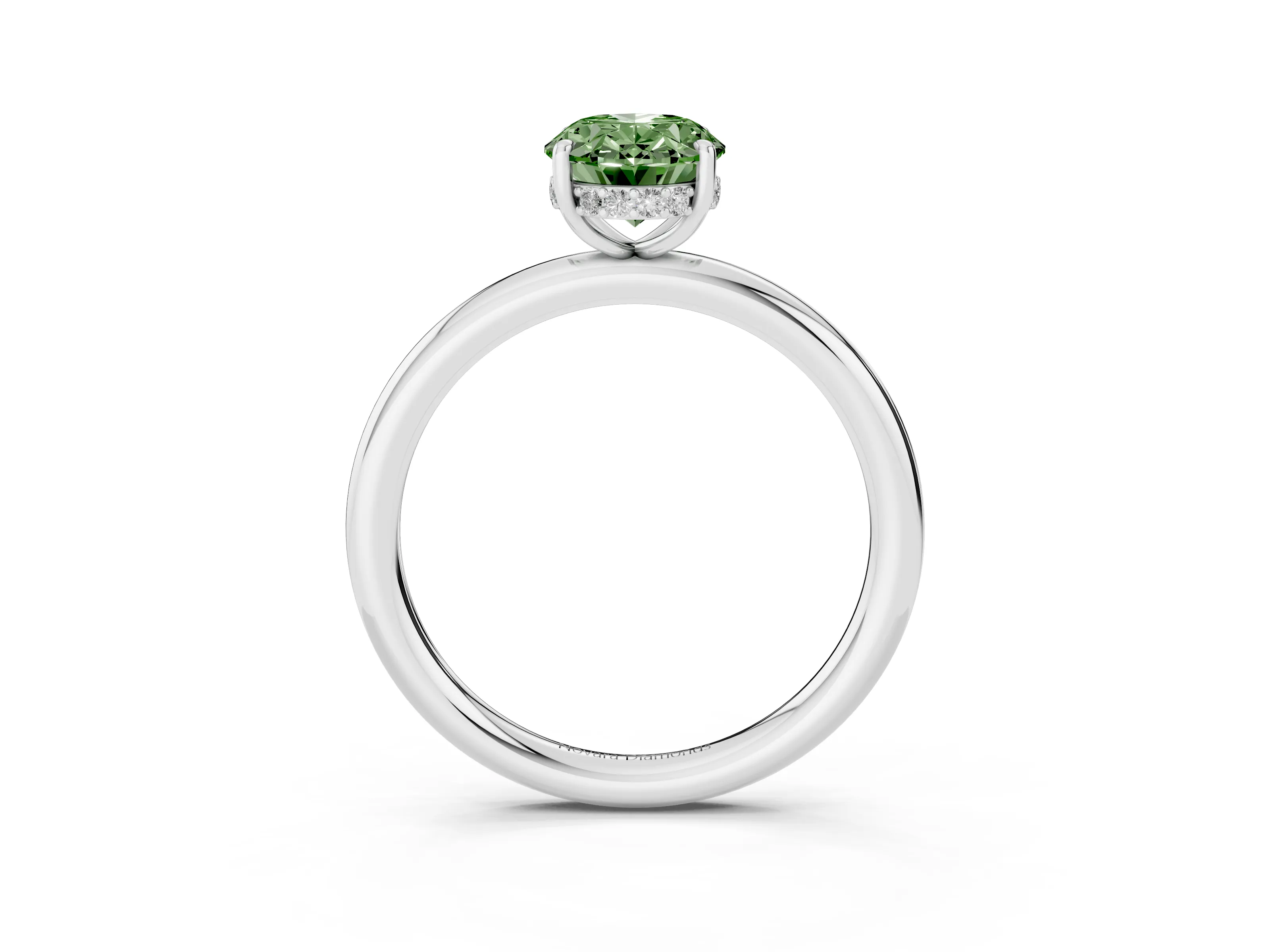 Fancy Green Oval Cut Diamond Solitaire Ring Set in Platinum with Thin Band and Prong Setting