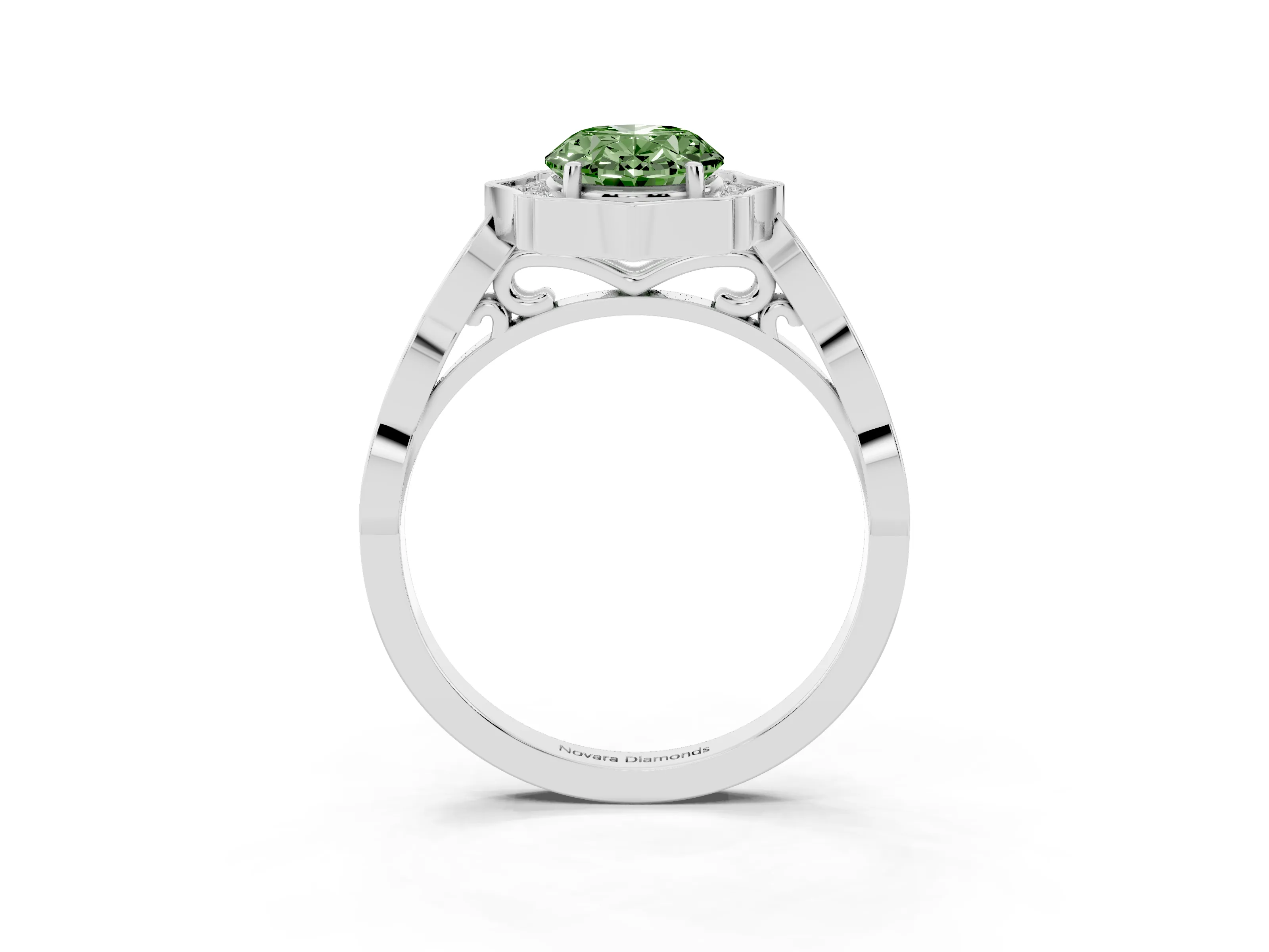 Fancy Green Oval Cut Diamond Halo Engagement Ring Set in White gold with Milgrain Band and Prong Setting