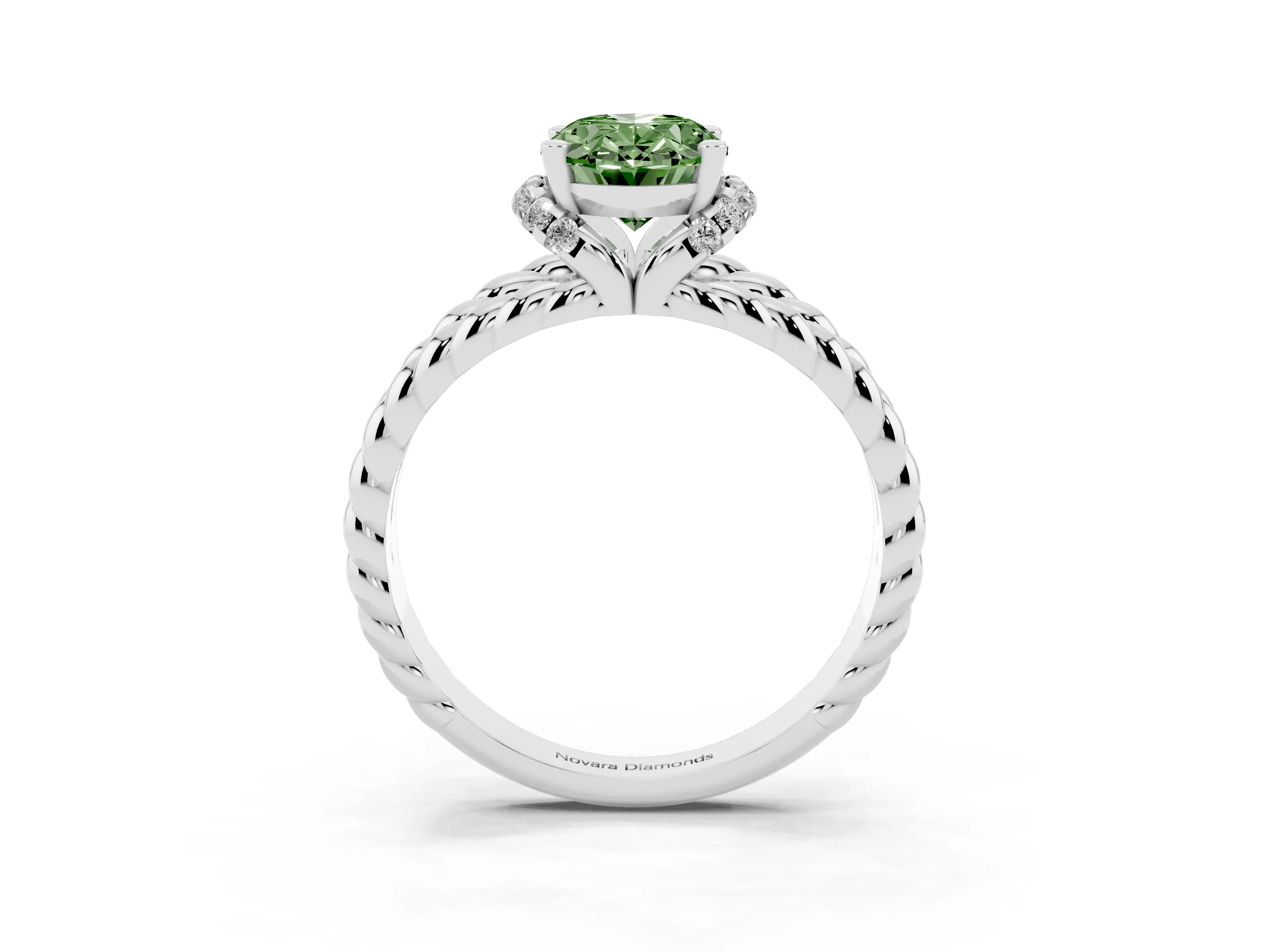 Fancy Green Oval Cut Diamond Halo Ring Set in Platinum with Twisted Band and Prong Setting