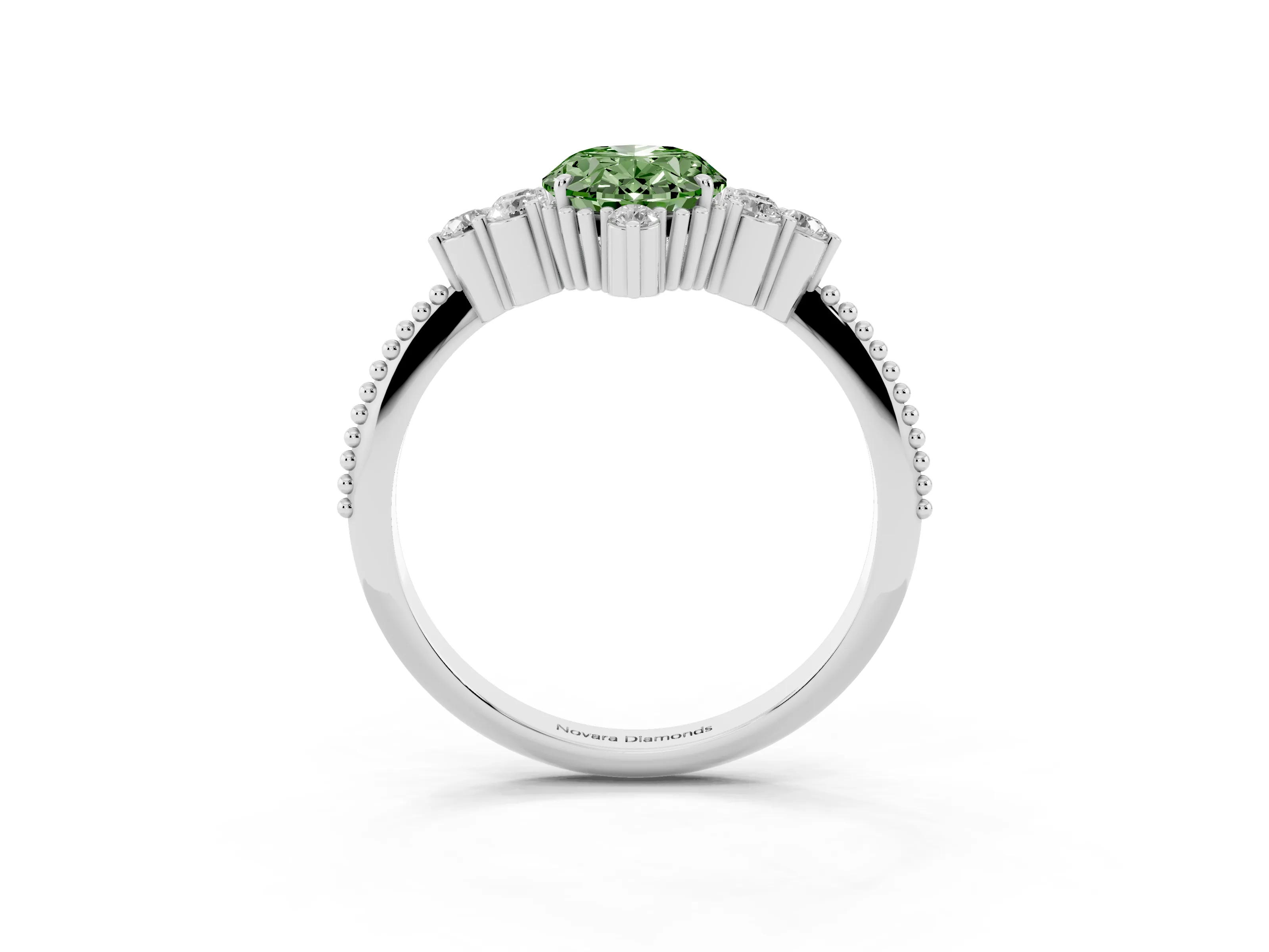 Fancy Green Oval Cut Diamond Cluster Ring Set in Silver with Beaded Band