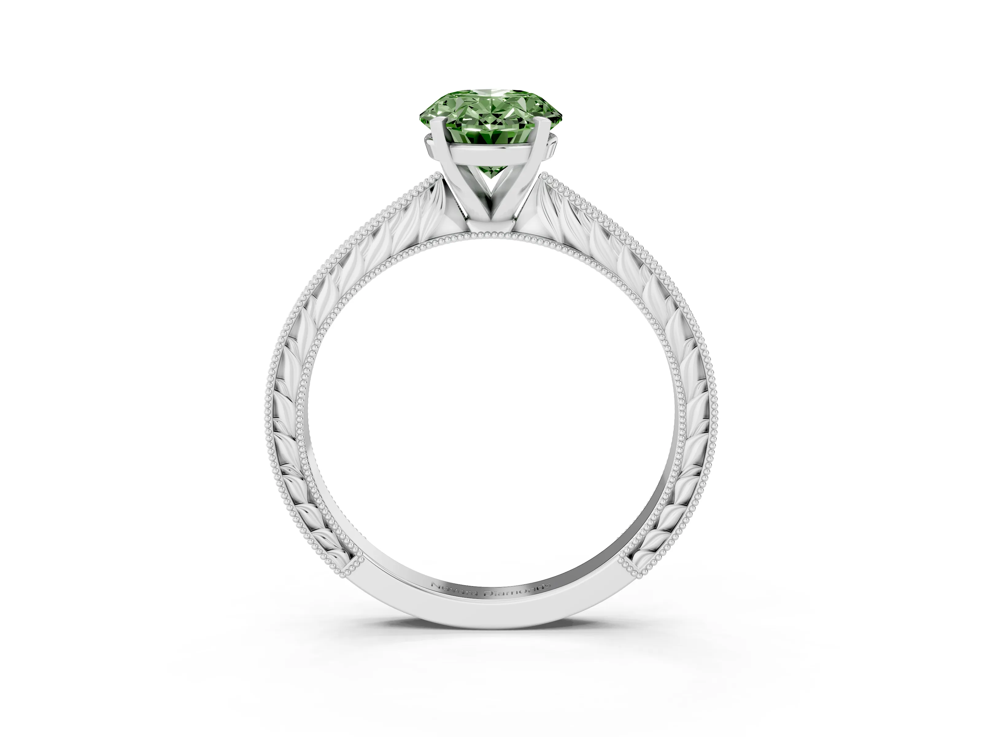 Fancy Green Oval Cut Diamond Solitaire Milgrain Engraved Band Set in White gold with Prong Setting