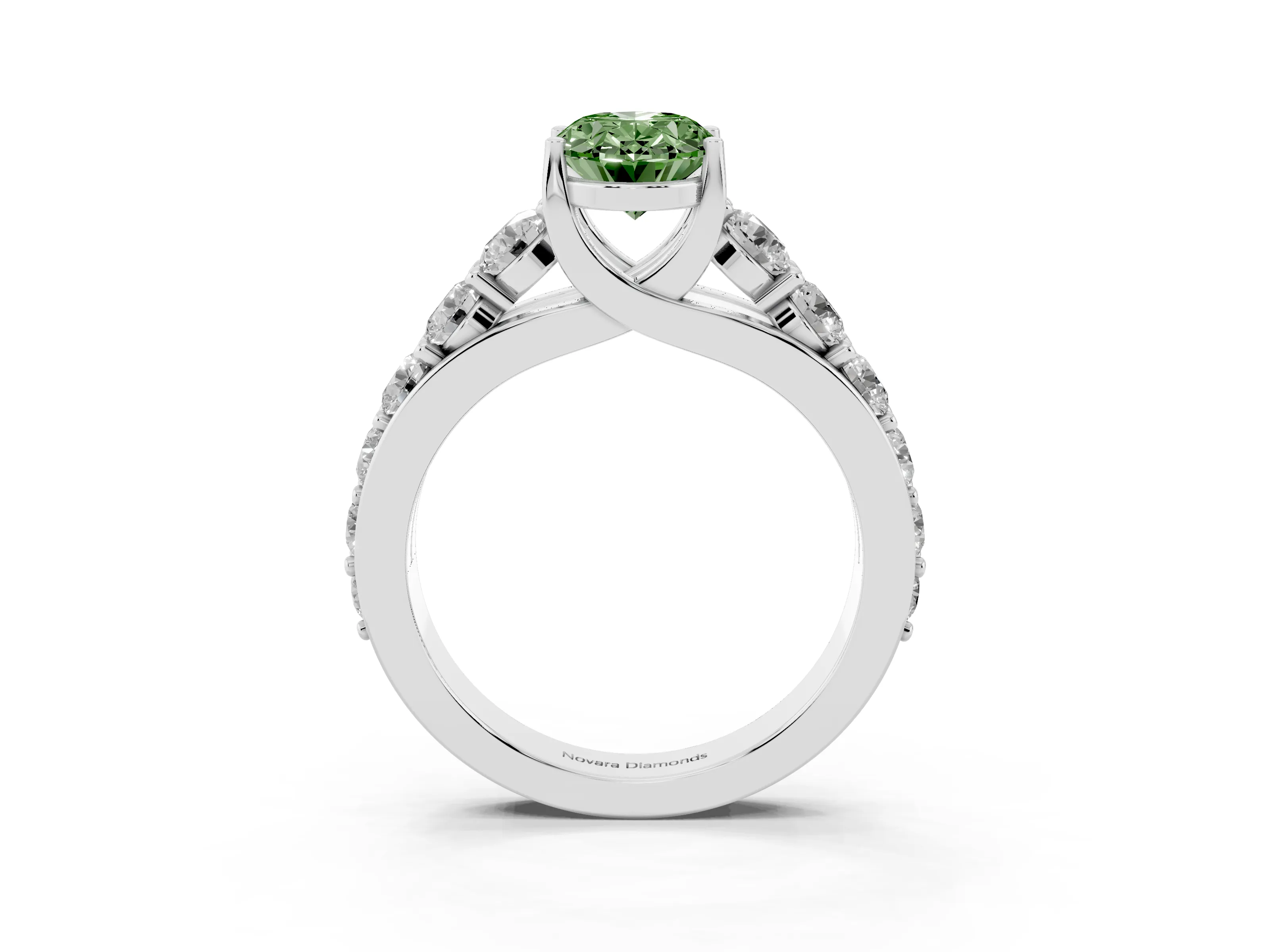 Fancy Green Oval Cut Diamond Pavé Engagement Ring Set in Silver with Prong Setting