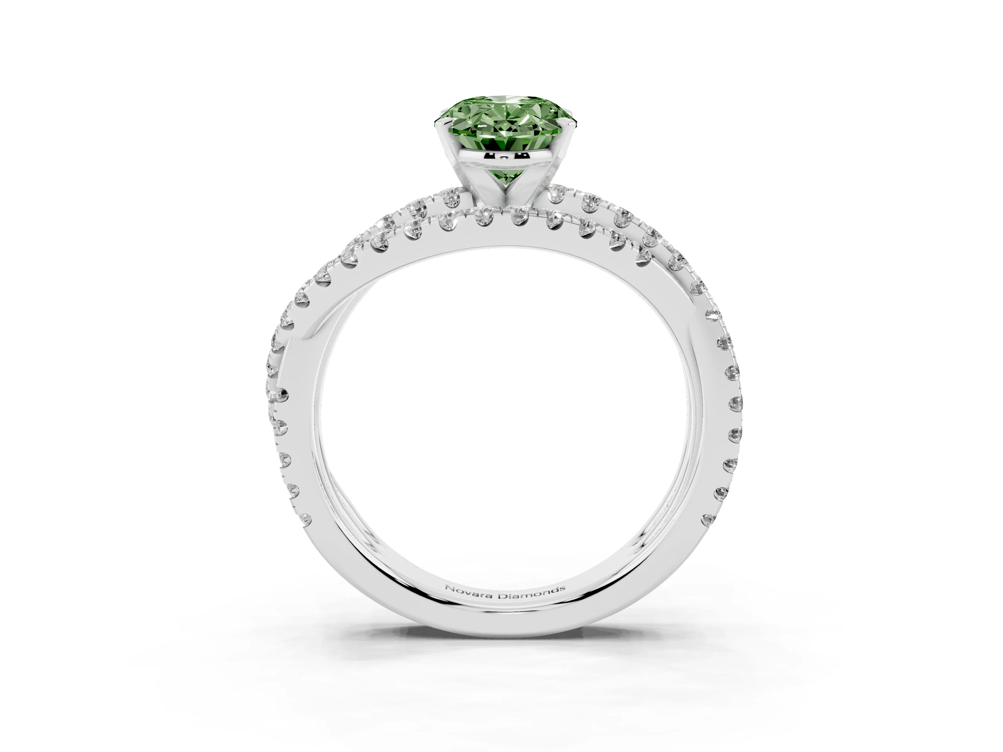 Fancy Green Oval Cut Diamond Solitaire Twist Band Ring Set in Platinum with Pavé Setting and Prong Head