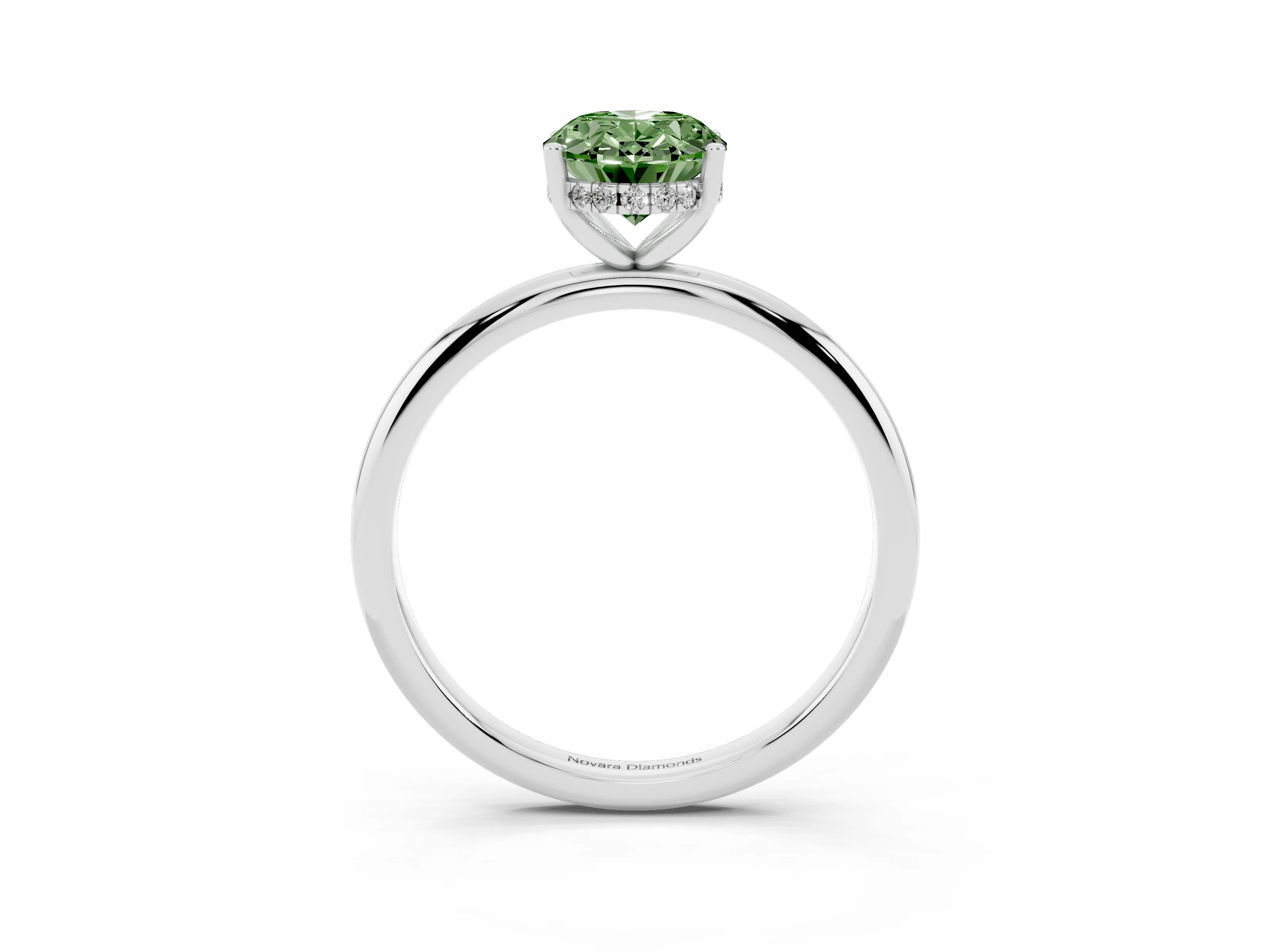 Fancy Green Oval Cut Diamond Solitaire Engagement Ring Set in White gold with Prong Setting and Polished Band