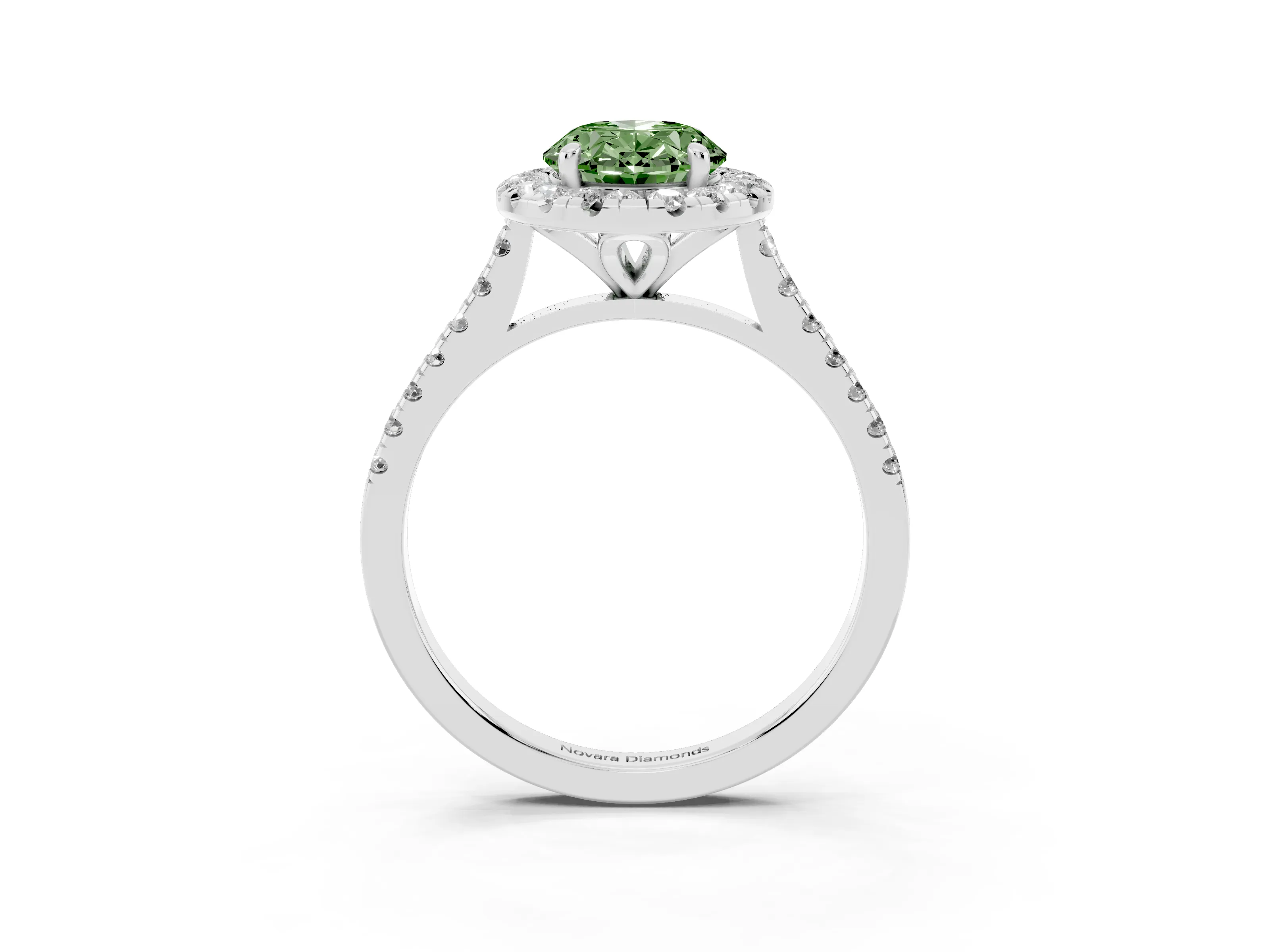 Fancy Green Oval Cut Diamond Cushion Halo Ring Set in White gold with Pavé Band