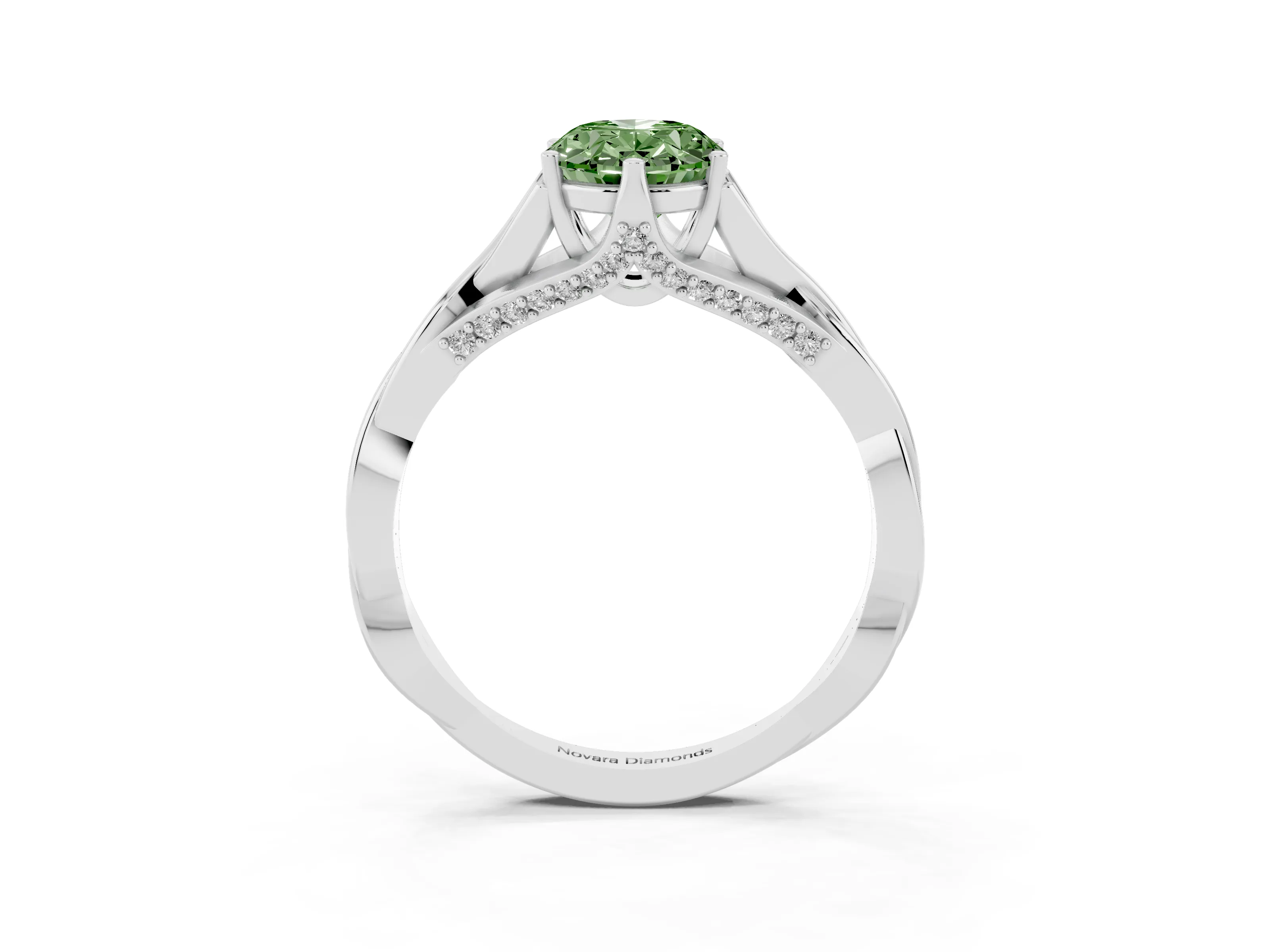 Fancy Green Oval Cut Diamond Intertwined Twist Band Solitaire Ring Set in White gold with Prong Setting